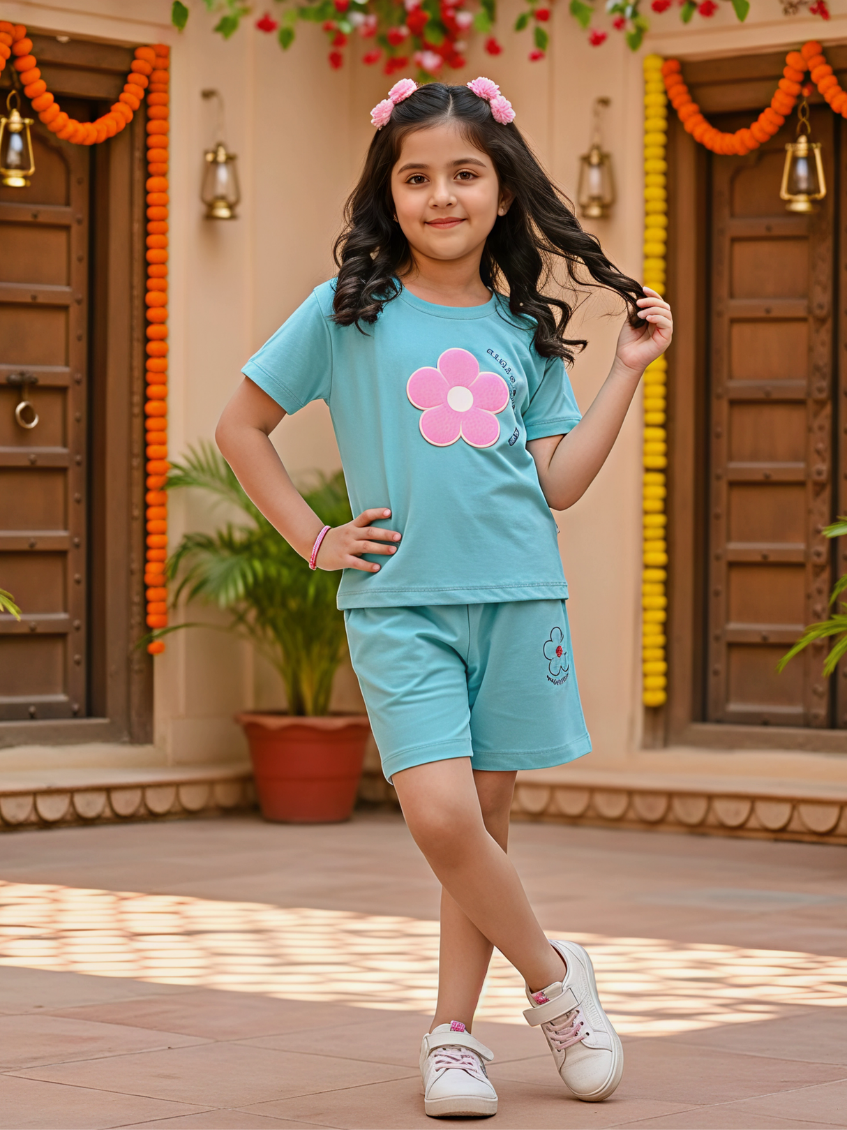 Girls' Floral Appliqué Cotton Co-ord Set in Blue