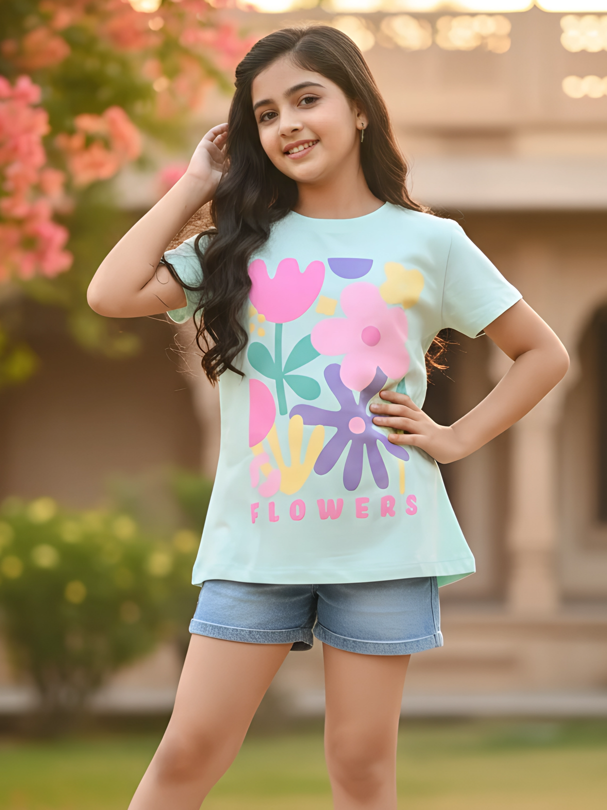 Girls' Light Blue Floral Graphic T-Shirt - "Flowers" Print