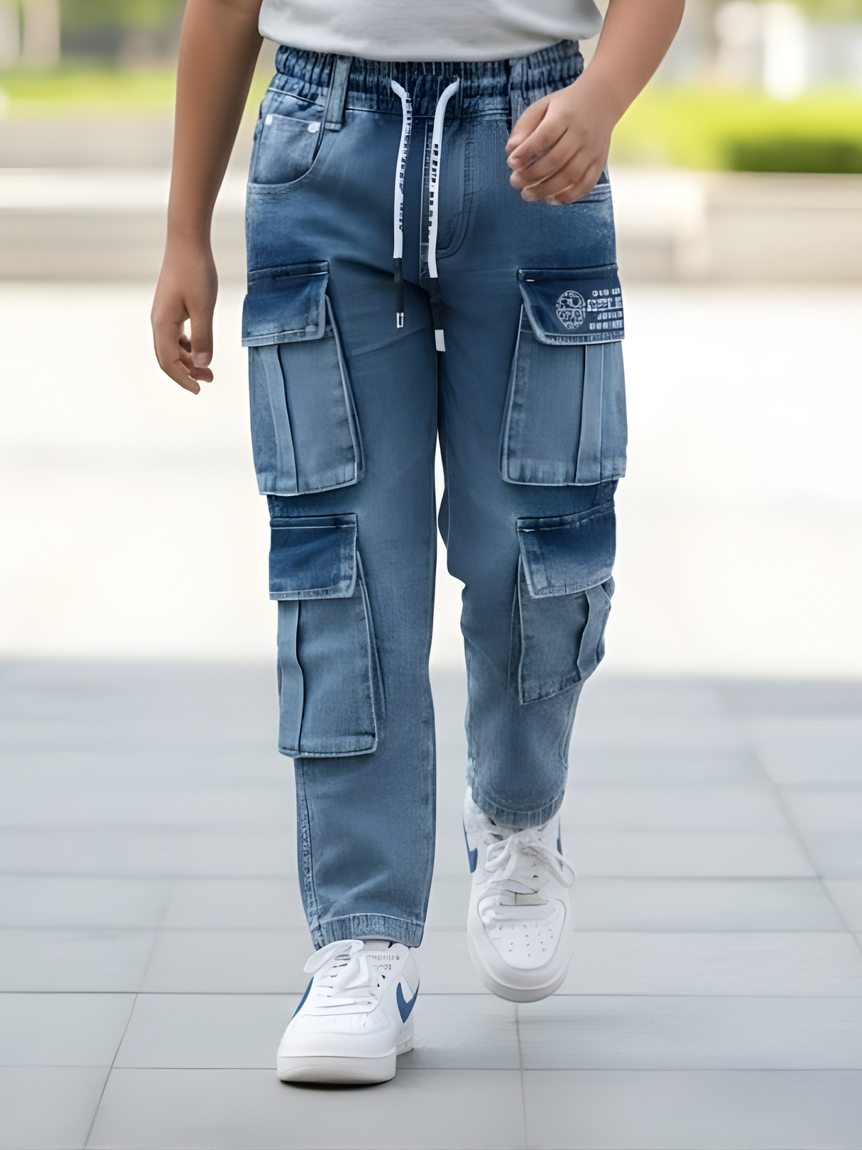Boys' Light Blue Multi-Pocket Denim Cargo Pants