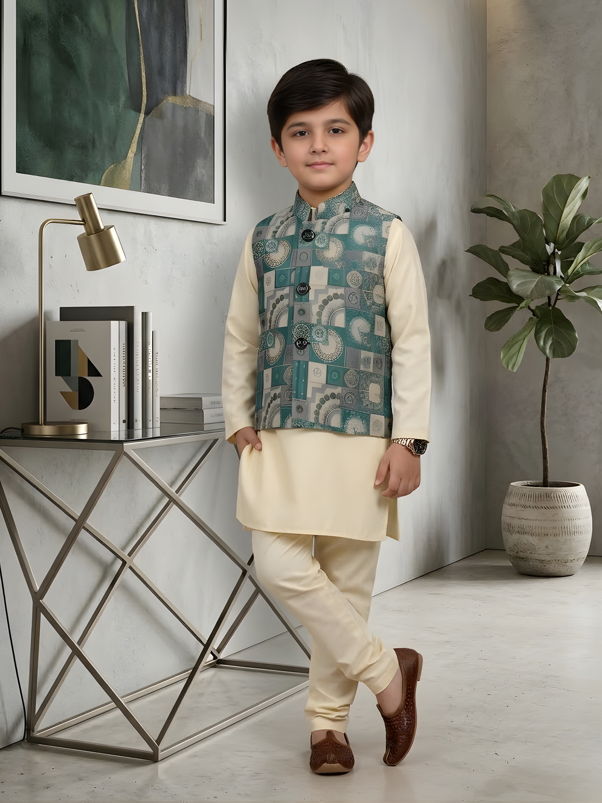 Kids Cream Kurta with Printed Green Nehru Jacket