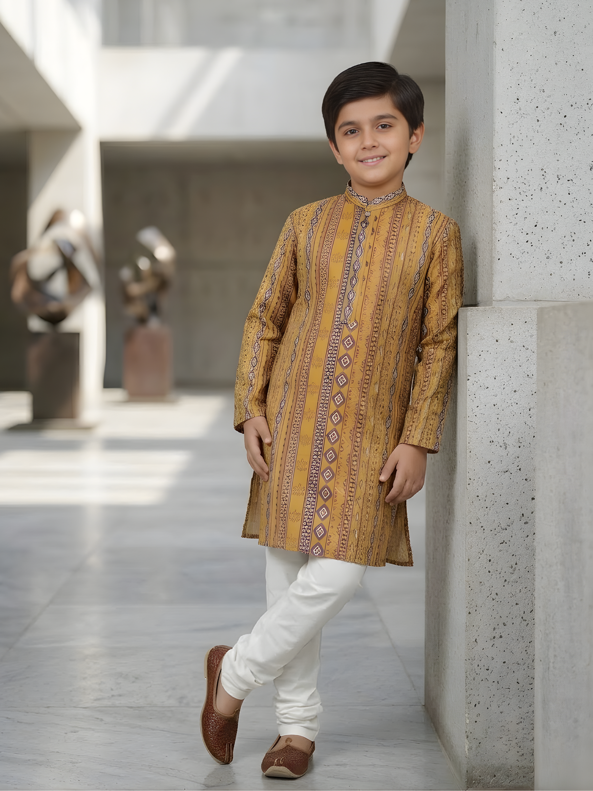 Boys' Festive Yellow & Blue Ikat Print Kurta with Cream Pyjama Set.