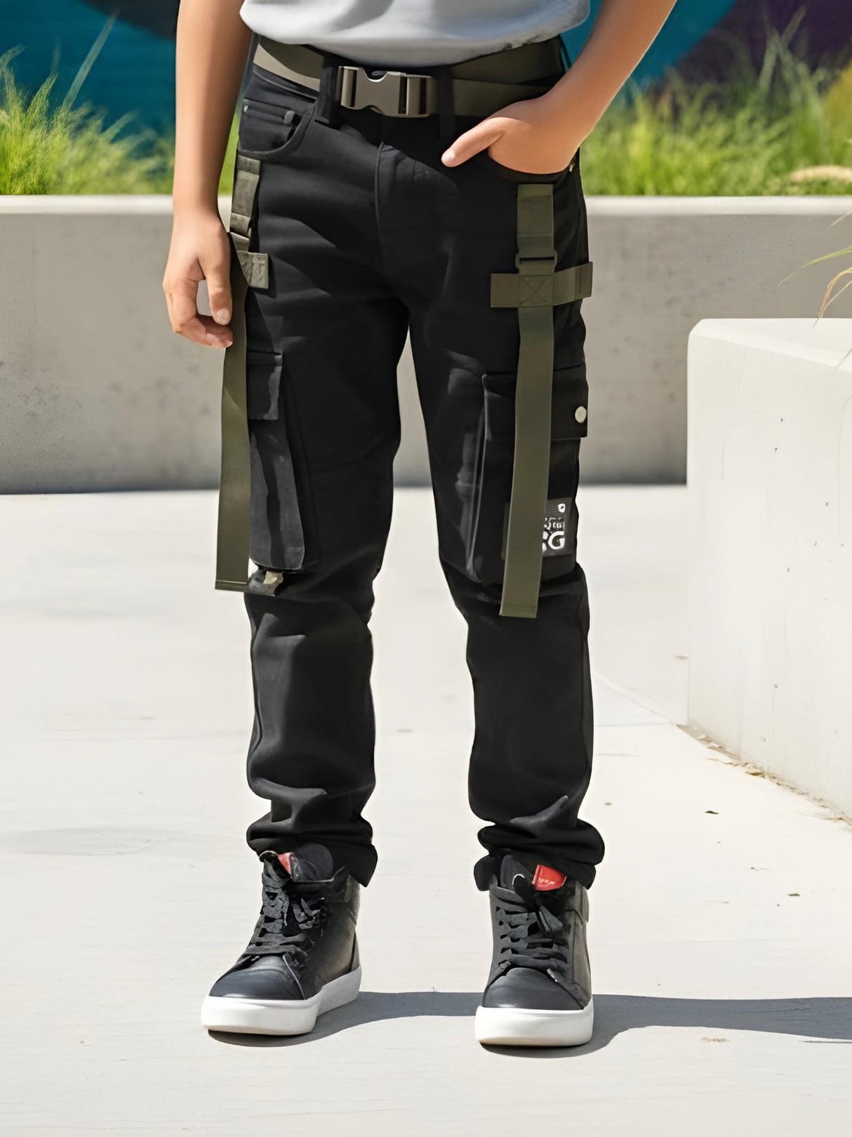 Boys' Urban Tactical Black Track Pants with Olive Webbing Straps