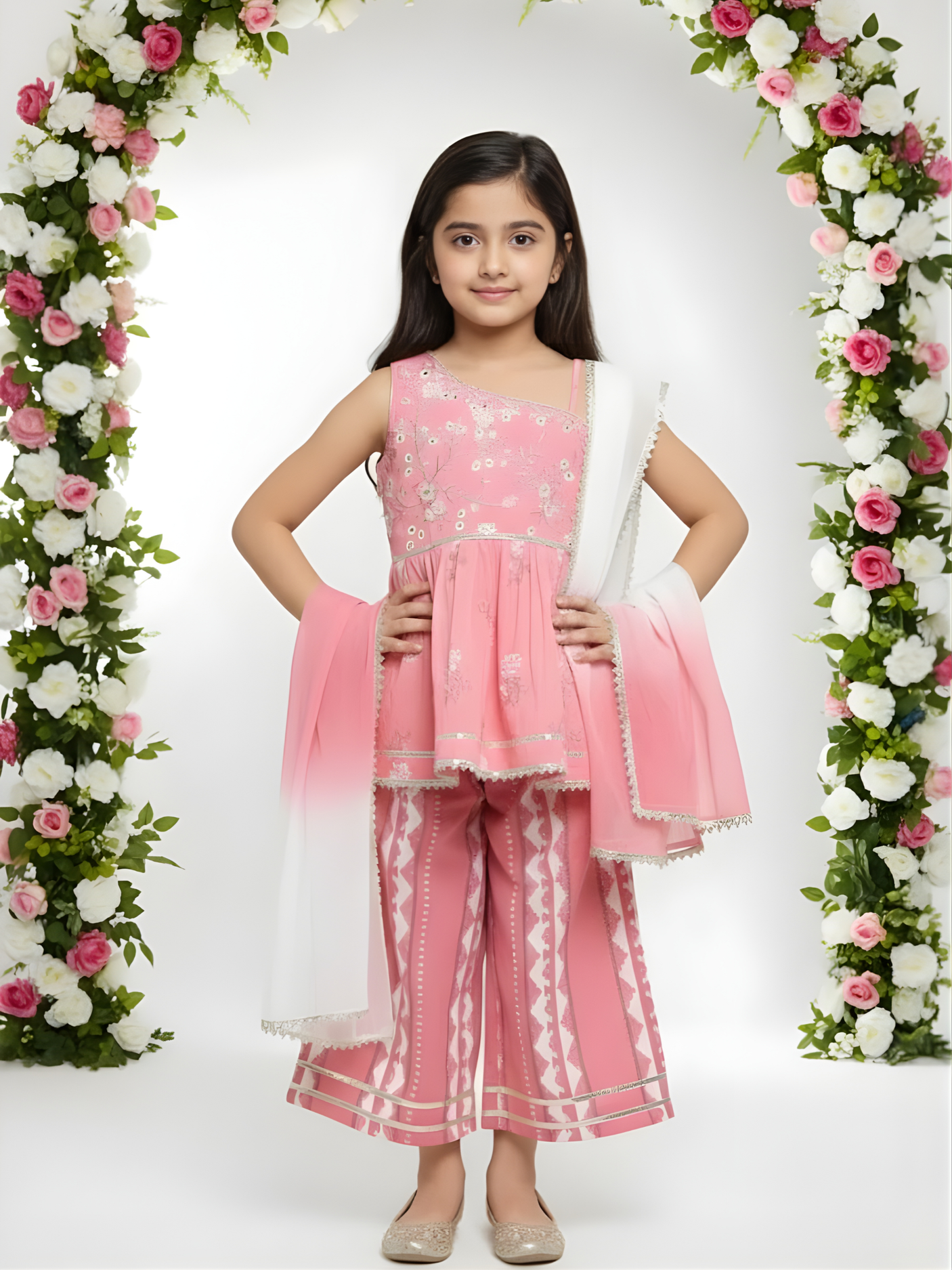 Girls' Powder Pink Embroidered Peplum Kurta & Printed Sharara Set.