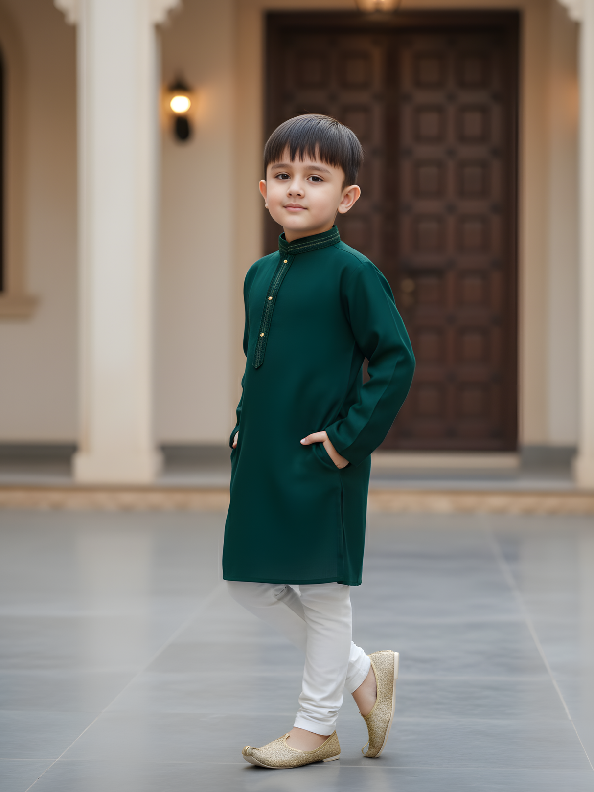 Boys' Bottle Green Kurta Pajama Set with Gold Neck Embroidery