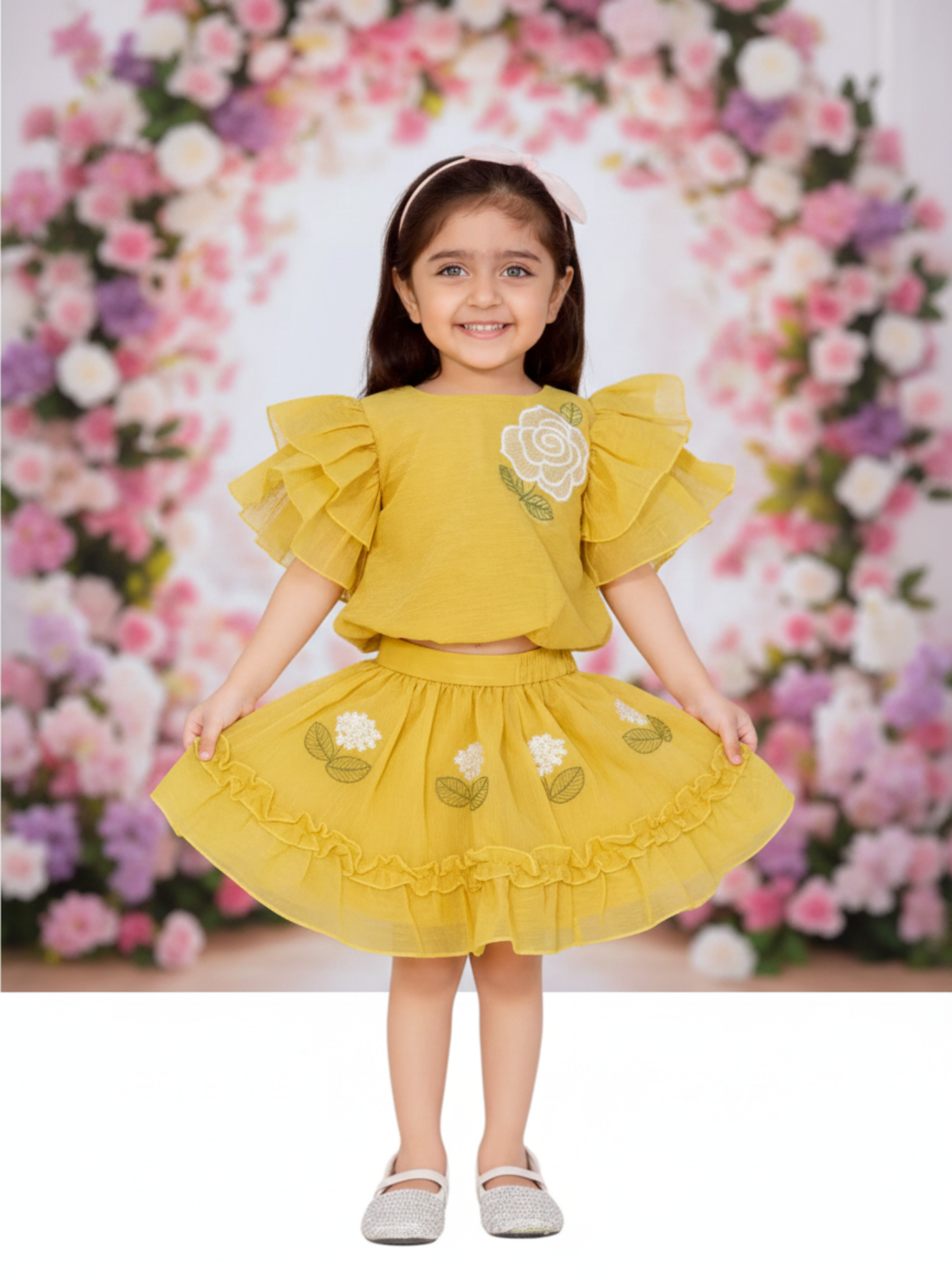 Chic Mustard Yellow Ruffle Top and Skirt Set with Floral Embroidery