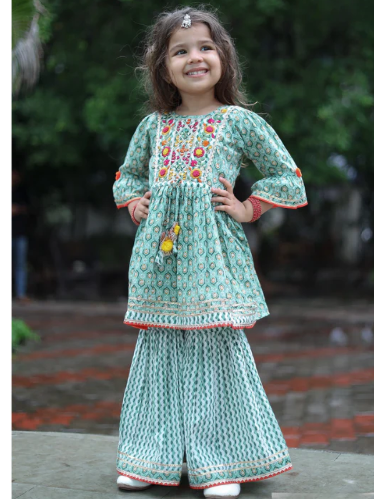 Girls Traditional 3/4th Sleeves Sharara Set - Green