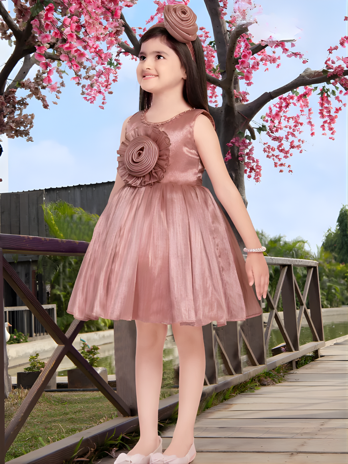 Girls Party Heavy Party Frock with work - Peach