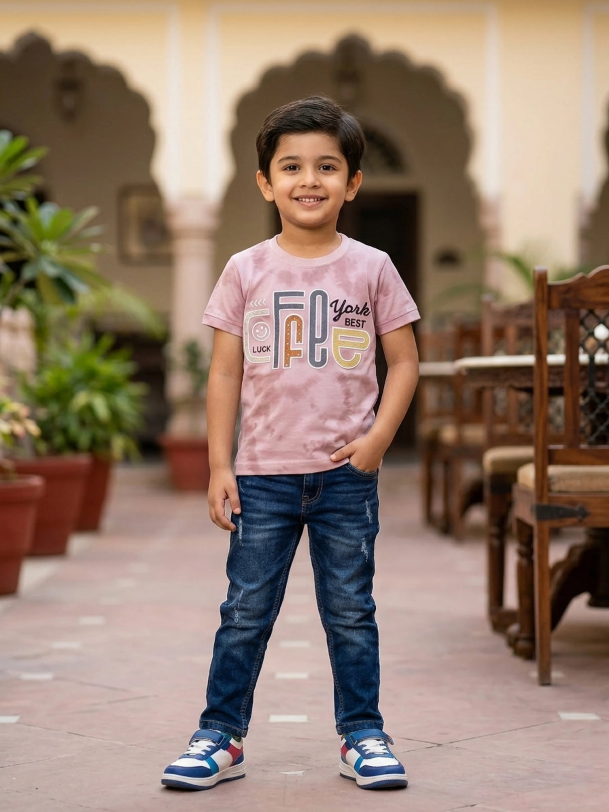 Boys Peach Tie-Dye Graphic Print T-Shirt