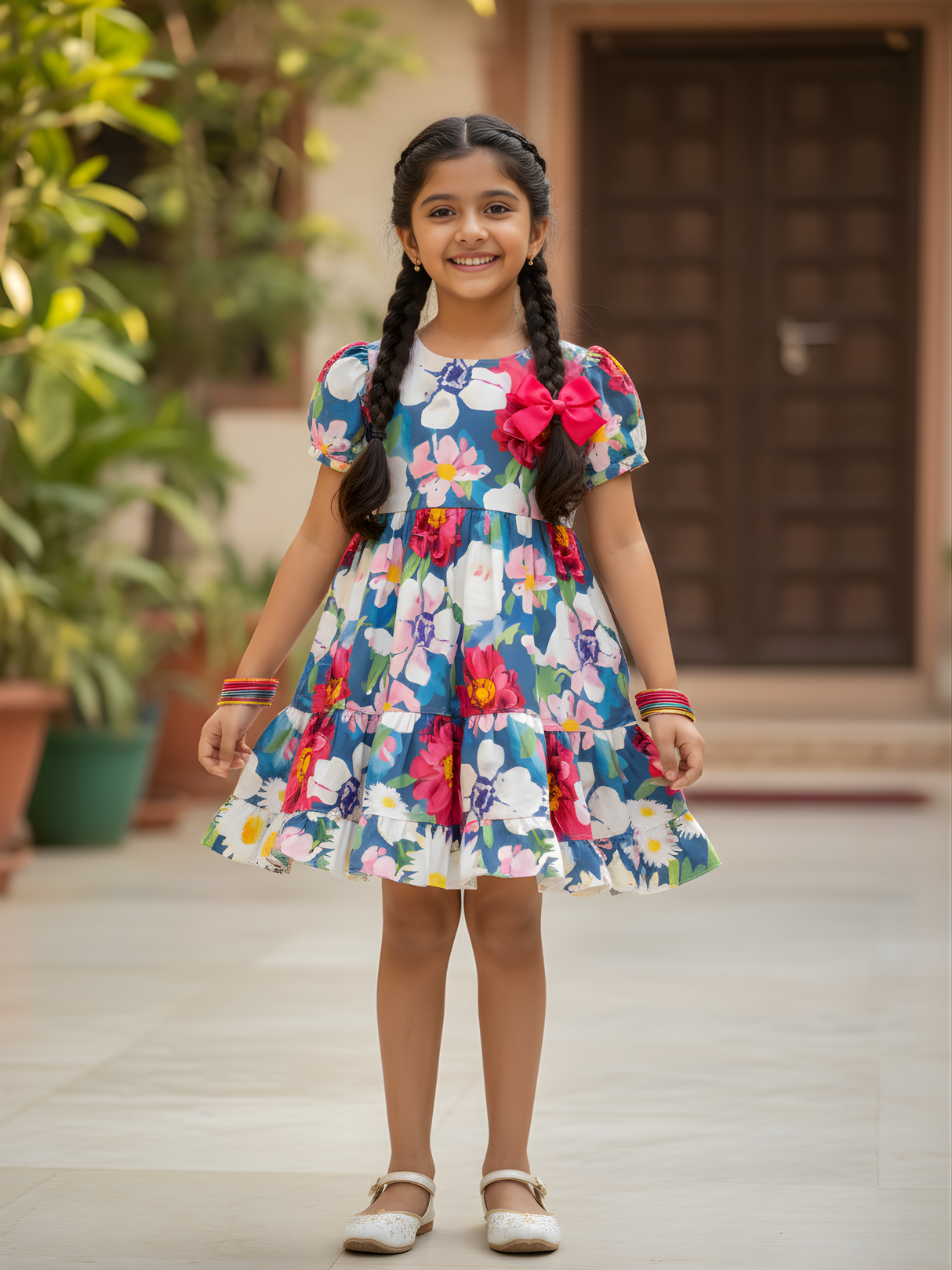 Girls' Royal Blue Multi-Floral Tiered Frock with Daisy Print