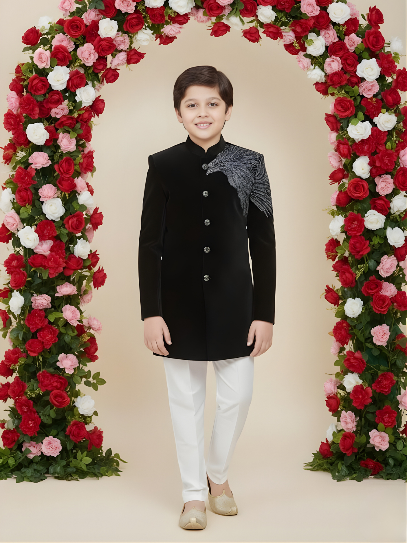 Boys' Black Velvet Jodhpuri Suit with Feather Embroidery