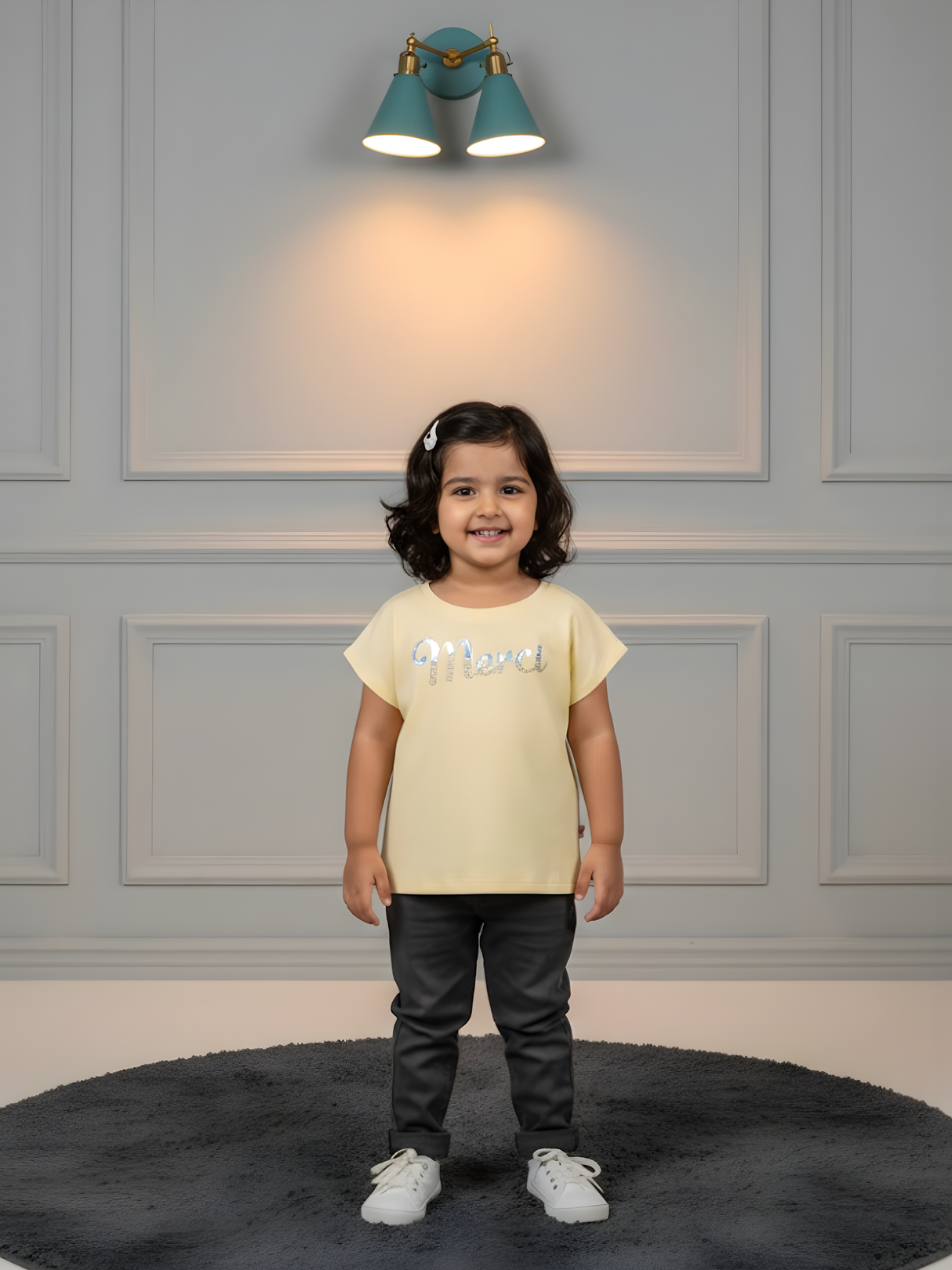 Girls Pastel Yellow "Merci" Graphic Ribbed Tee