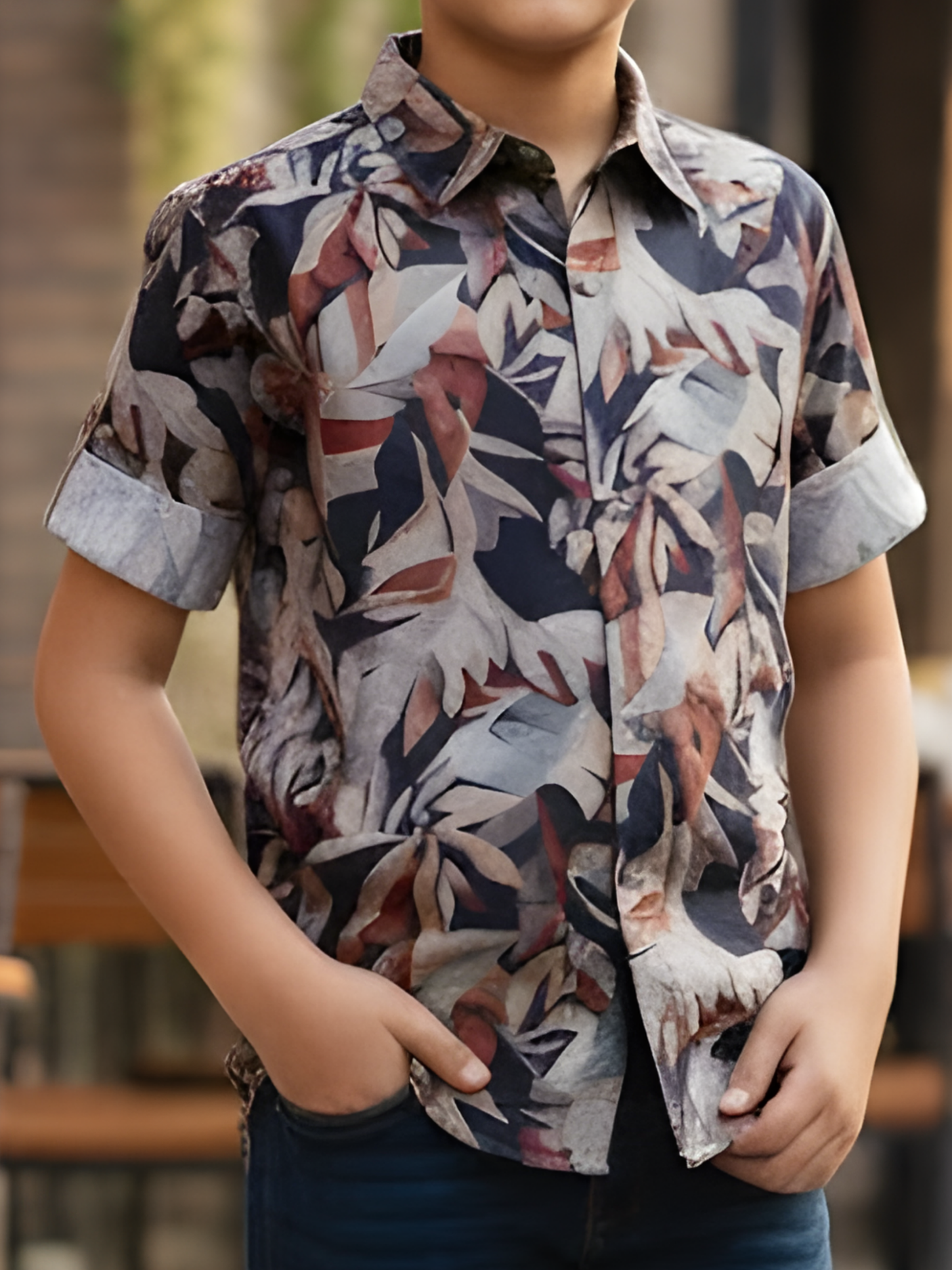 Boys Dark Brown Mosaic Leaf Print Casual Shirt