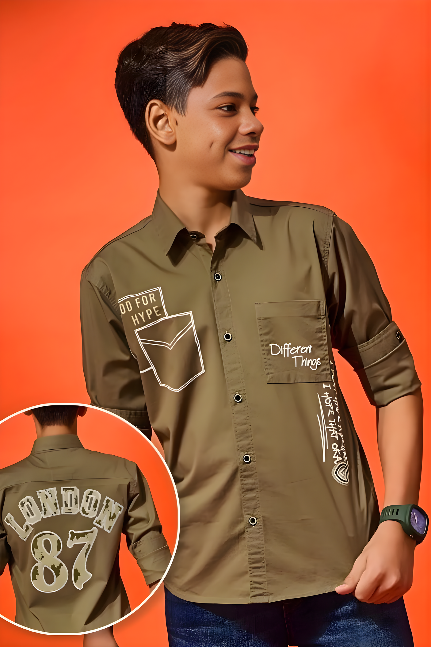 Boys' Olive Green Casual Shirt with Graphic Detail