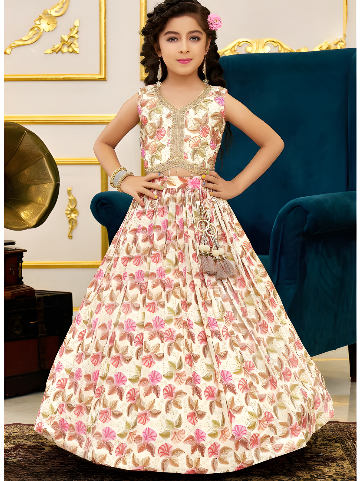 Girls' Teal Multi-Print Festive Lehenga Choli