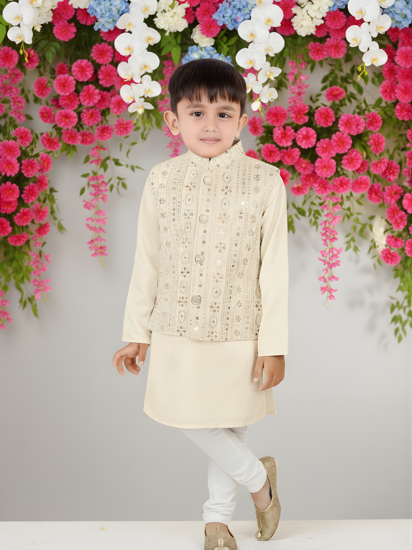 Boys' Cream Kurta Pajama Set with Multi-Color Embroidered Waistcoat