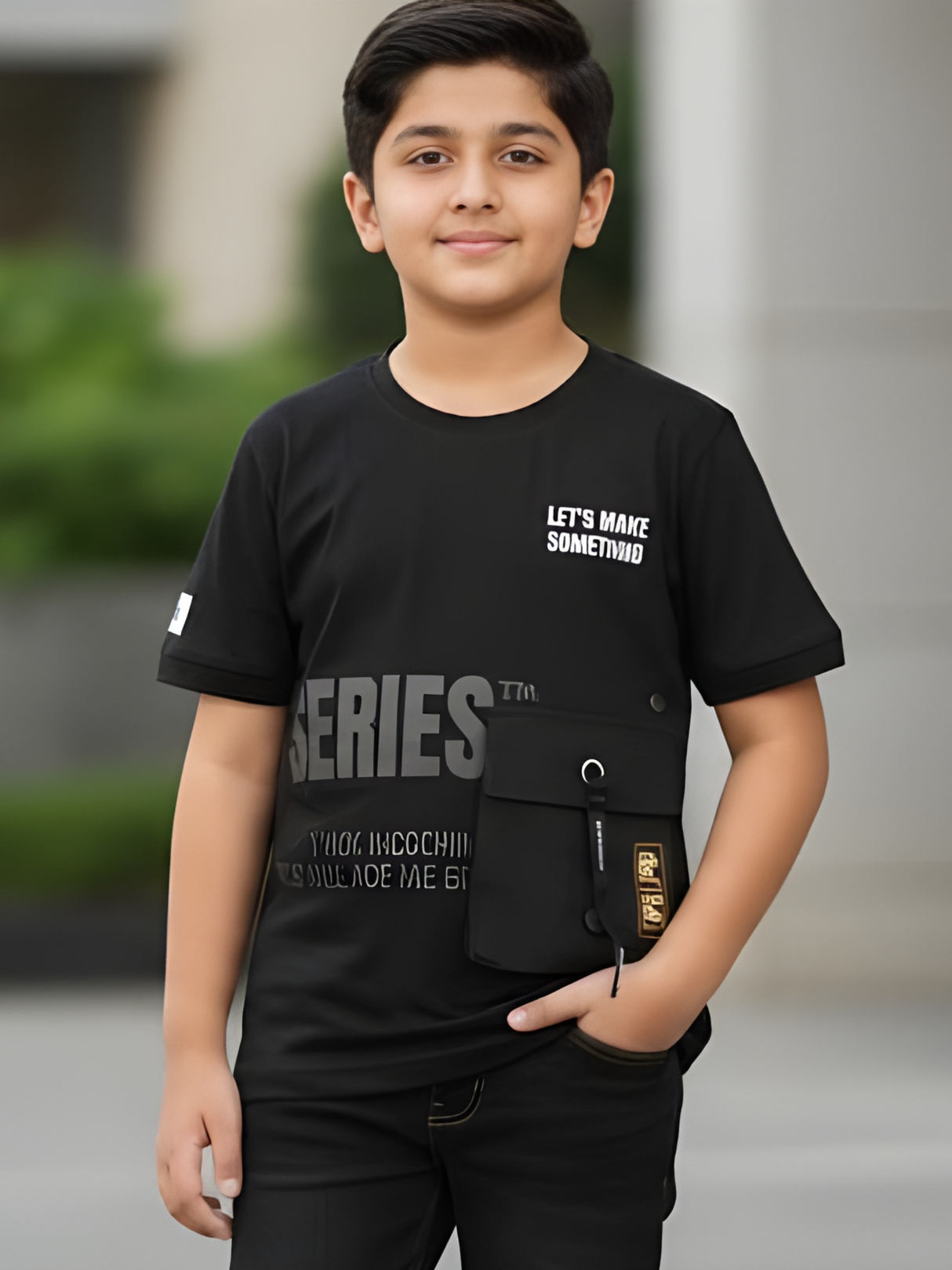 Boys' Black Techwear T-Shirt with Utility Pocket and Slogan