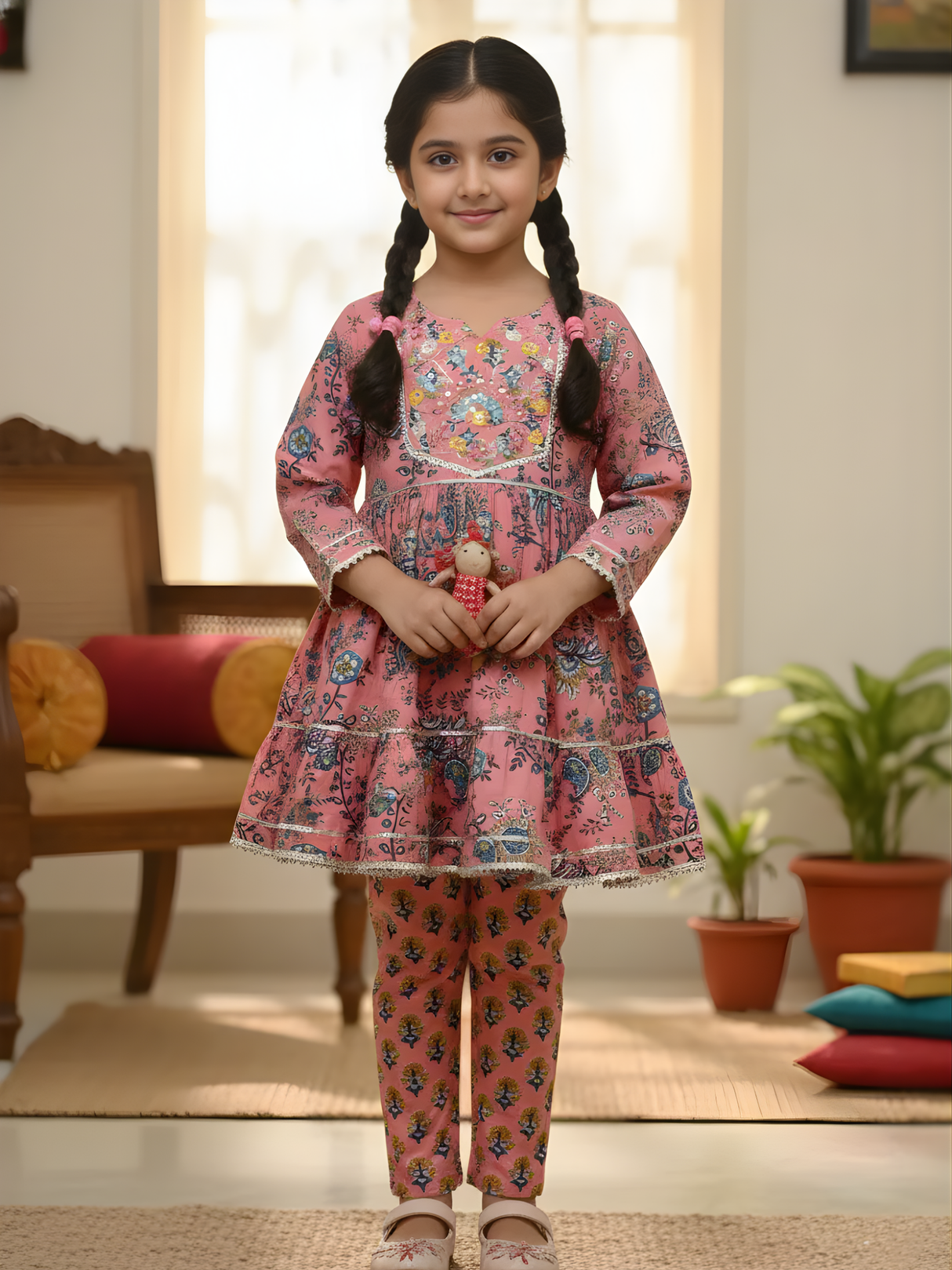 Girls' Deep Peach & Blue Floral Printed Peplum Kurti with Matching Trousers