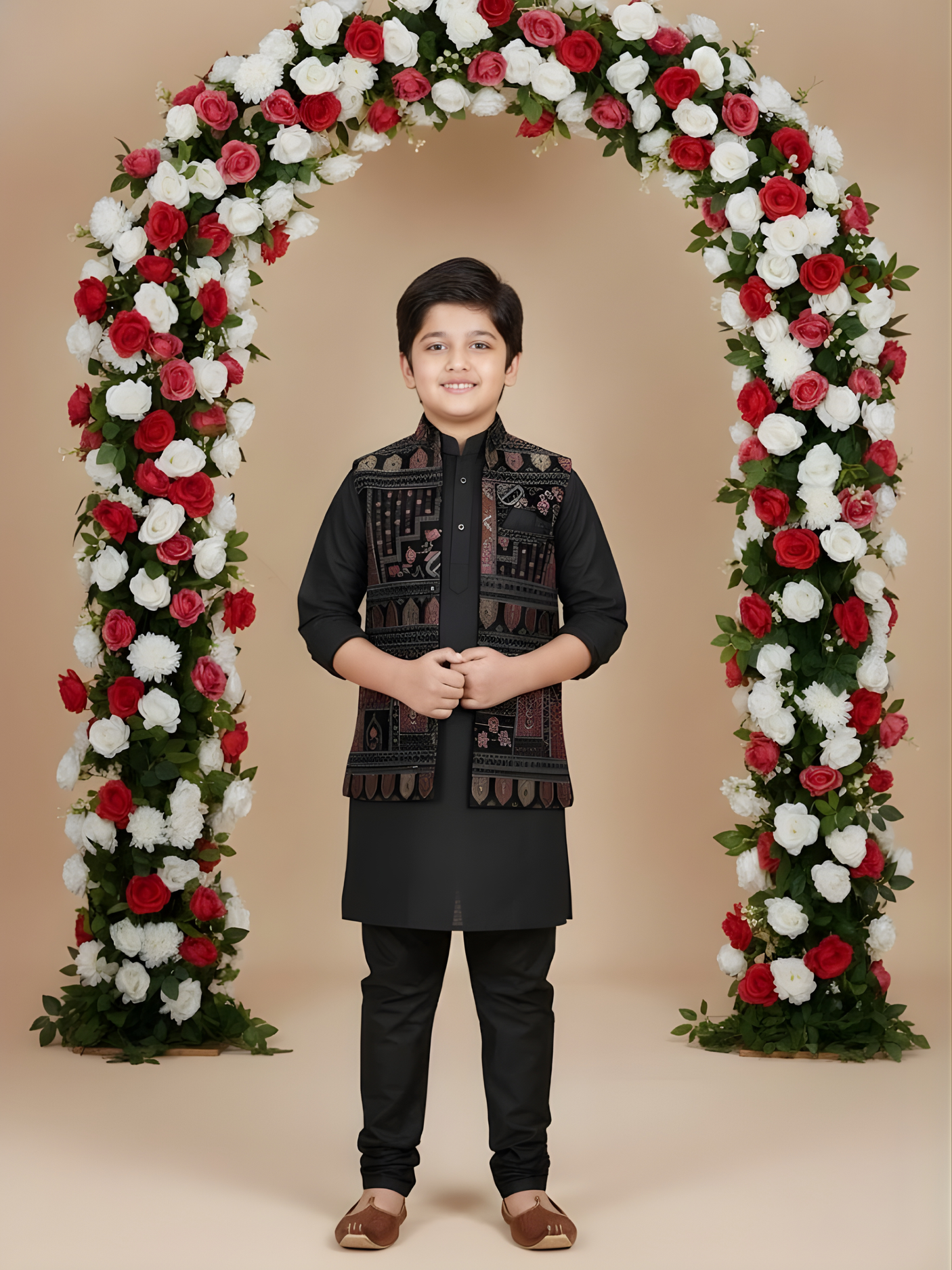 Boys Traditional Printed Chuddidar Kurta with Koti - Black