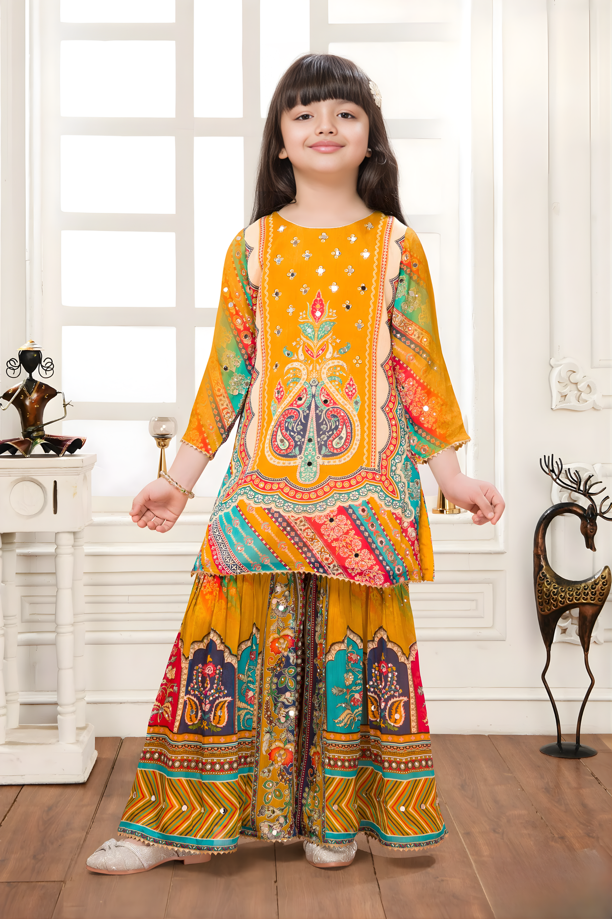 Girls' Vibrant Orange Multi-Color Printed Sharara Set