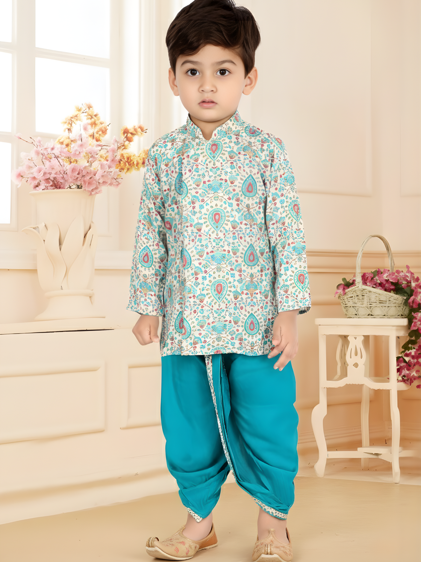 Boys' Cream Printed Kurta and Firozy Blue Dhoti Set