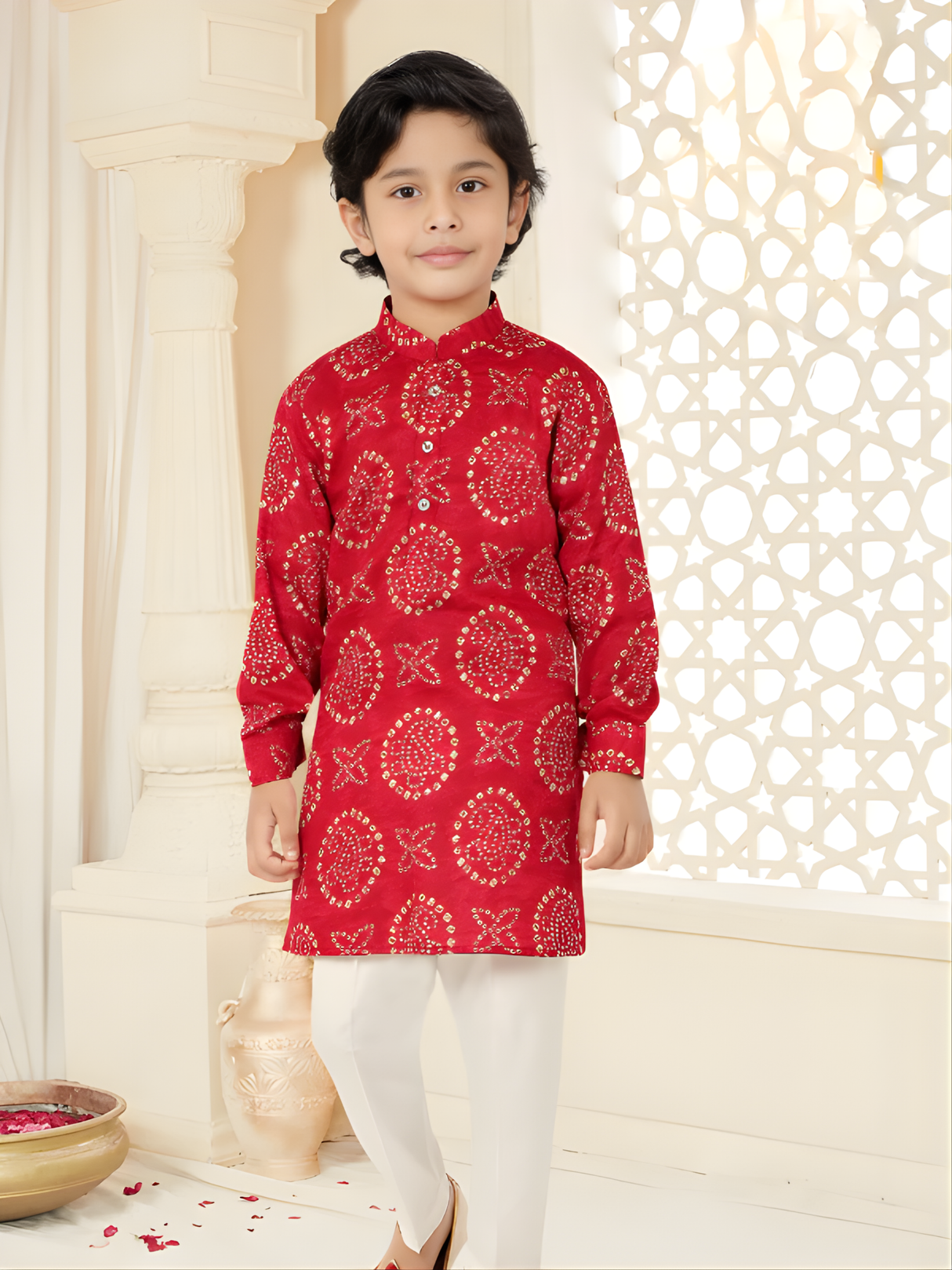 Boys' Festive Red Bandhani-Style Printed Kurta and White Pajama Set
