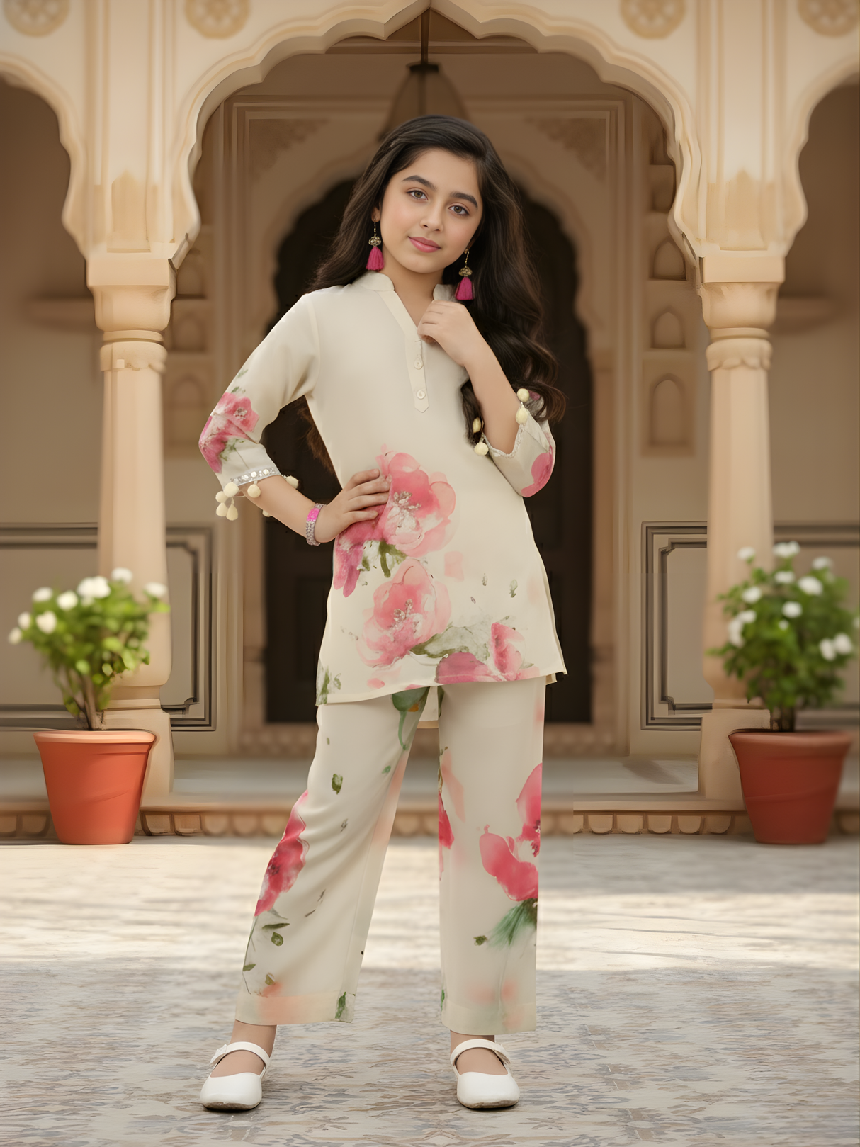 Girls Traditional 3/4th Sleeves Two Pcs Set - Pink