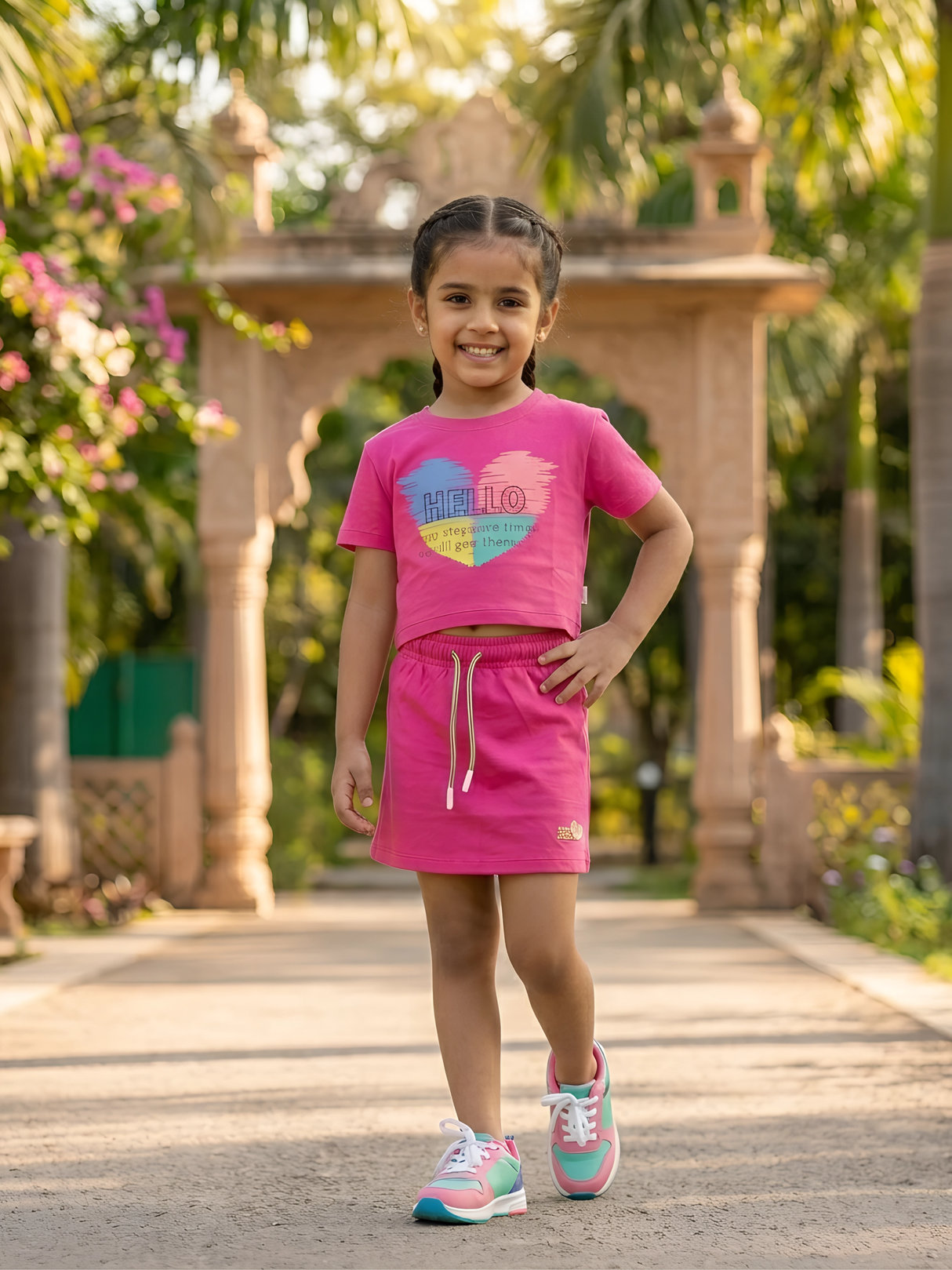 Girls Rani Pink Heart Print T-Shirt and Skirt Co-ord Set