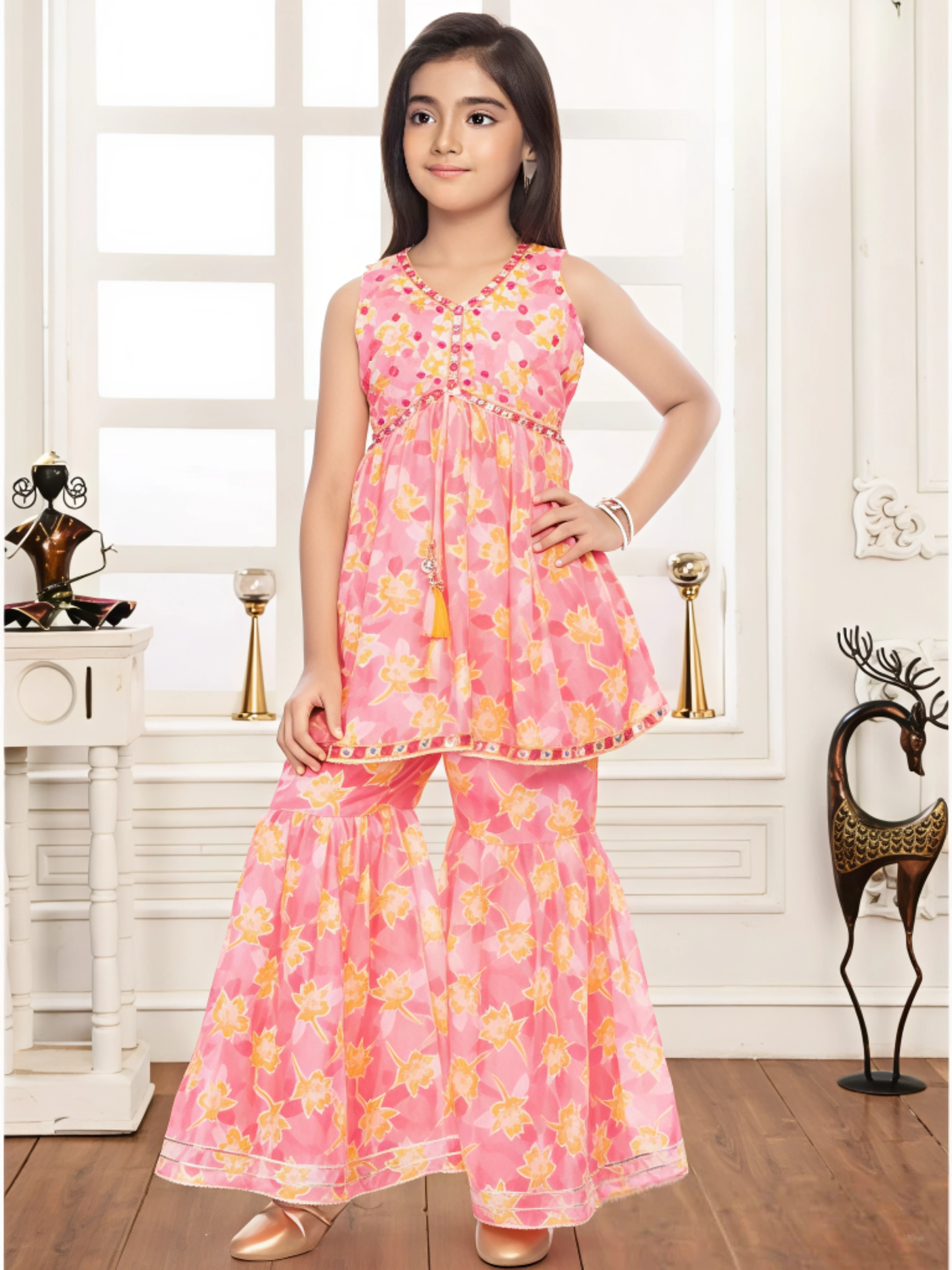 Girls Traditional Sleeves Less Sharara Set