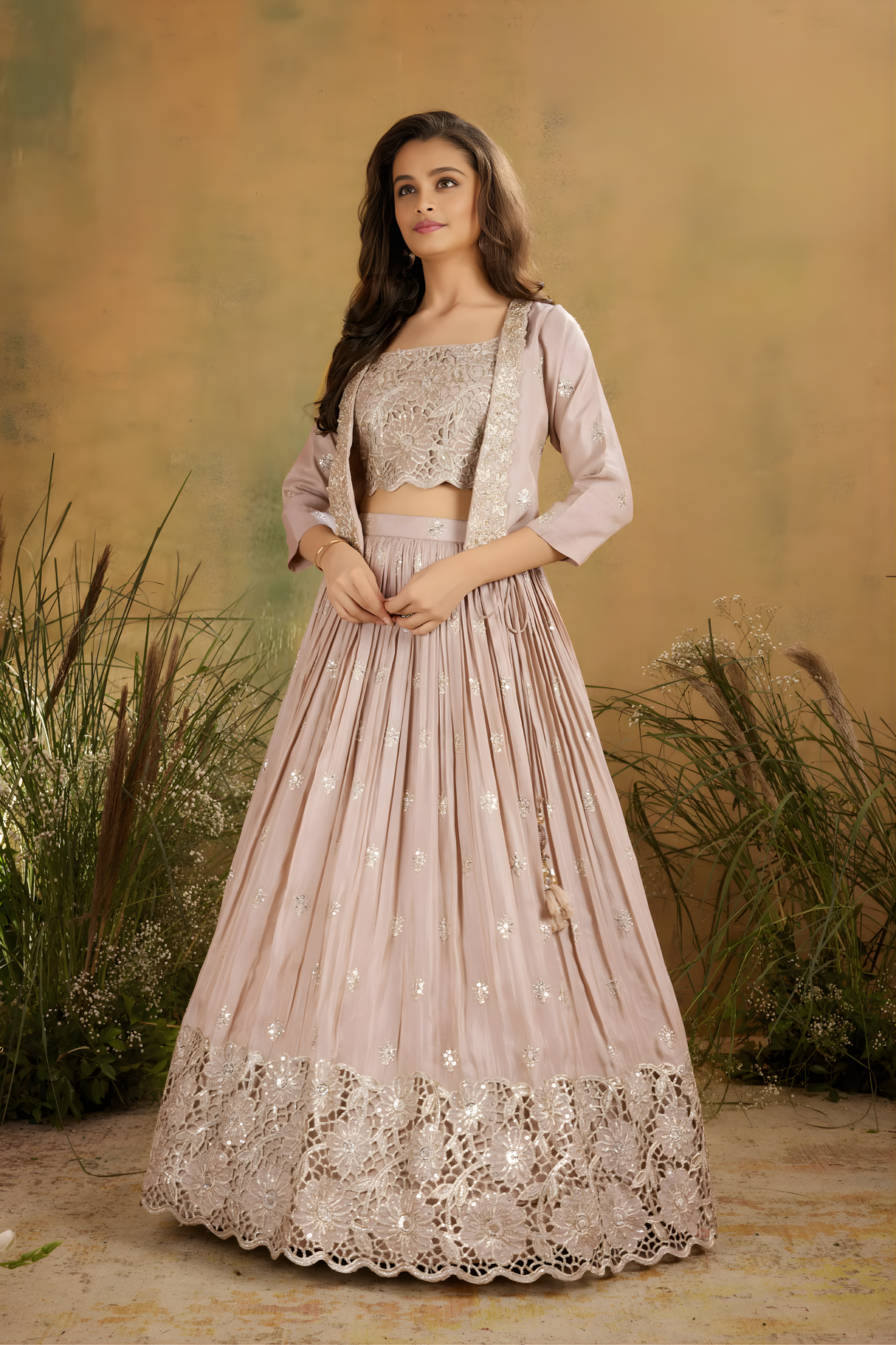 Girls' Floral Embroidered Jacket and Cream Lehenga Choli Set