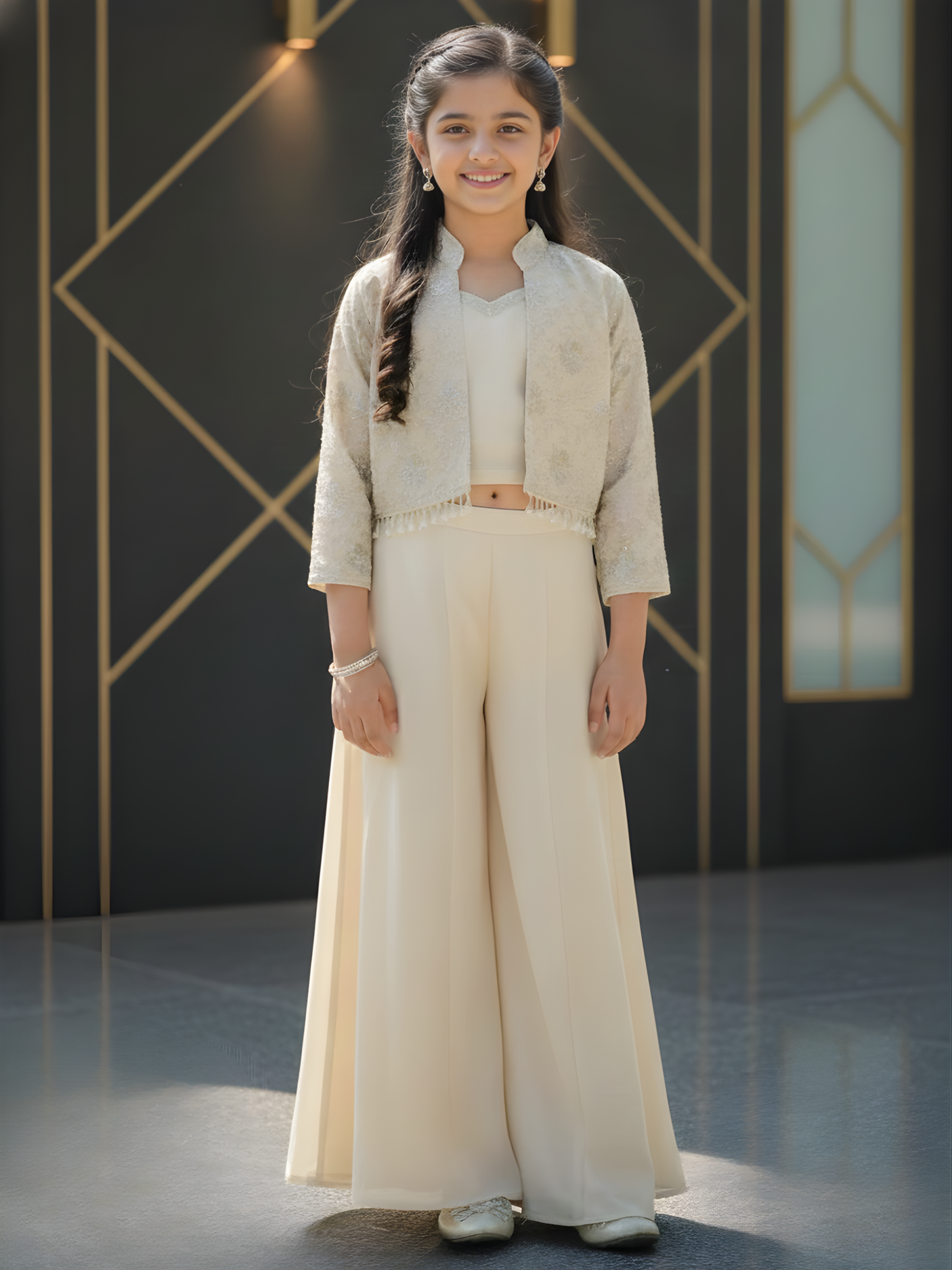 Girls Cream Pearl-Accent Embroidered Jacket and Palazzo Set