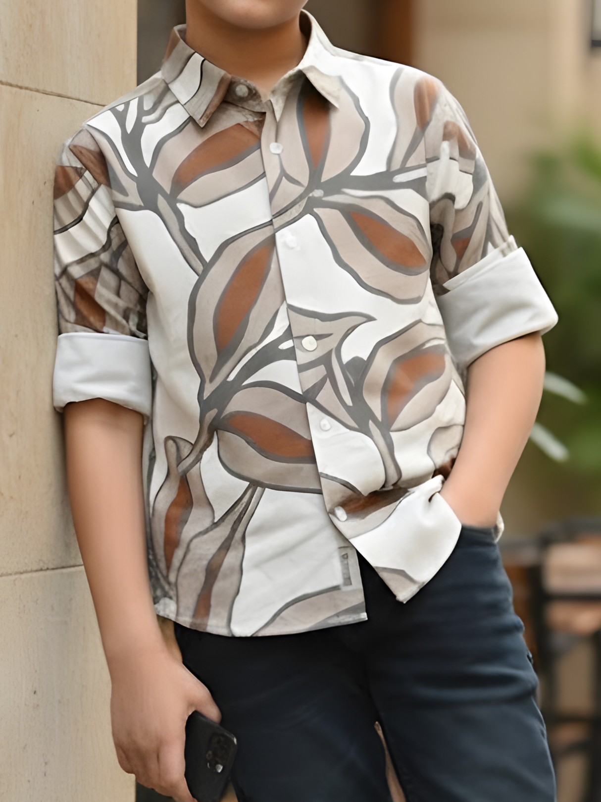 Boys Cream Abstract Large-Leaf Print Casual Shirt