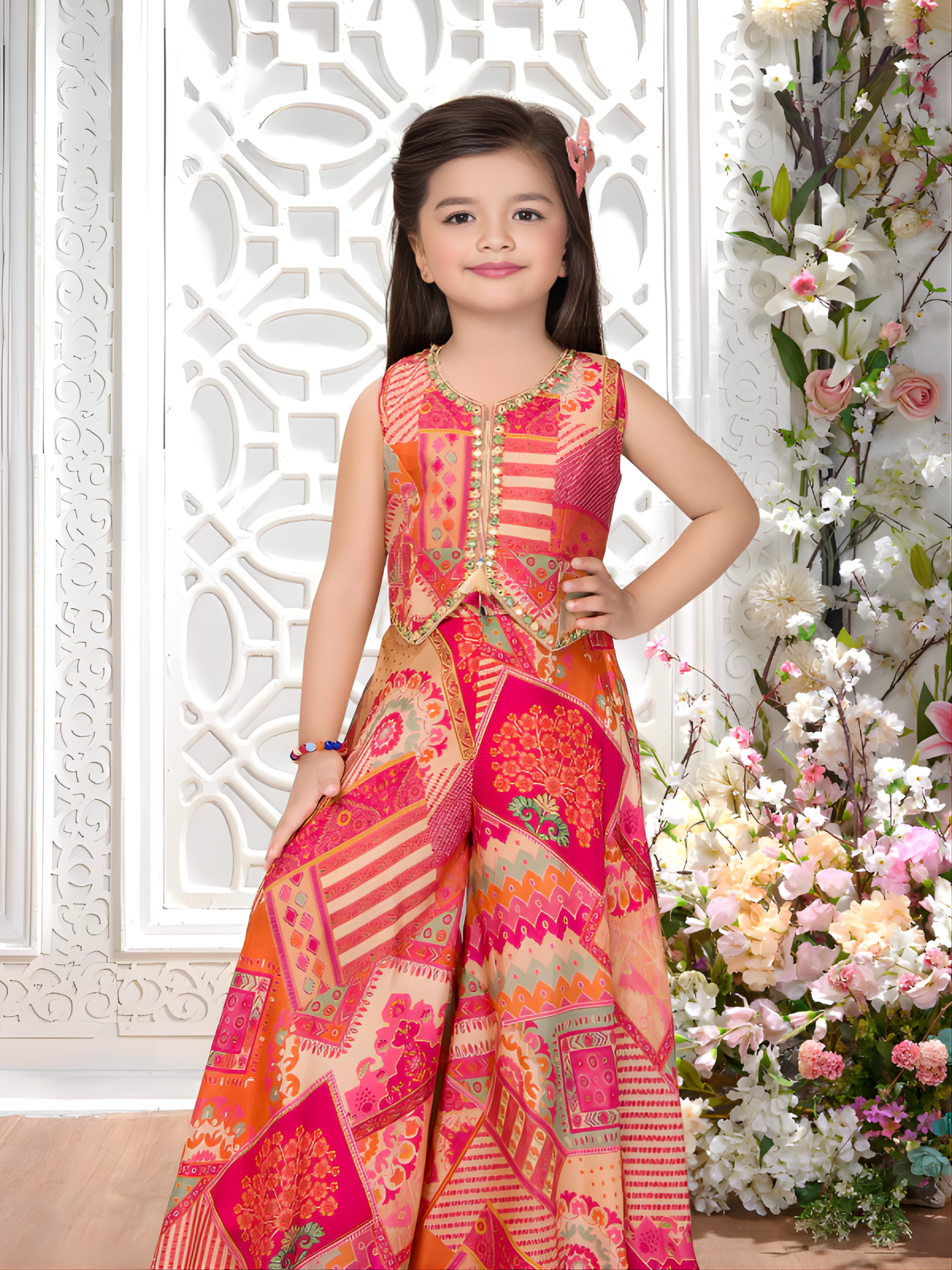Girls' Red & Pink Printed Jumpsuit with Attached Vest