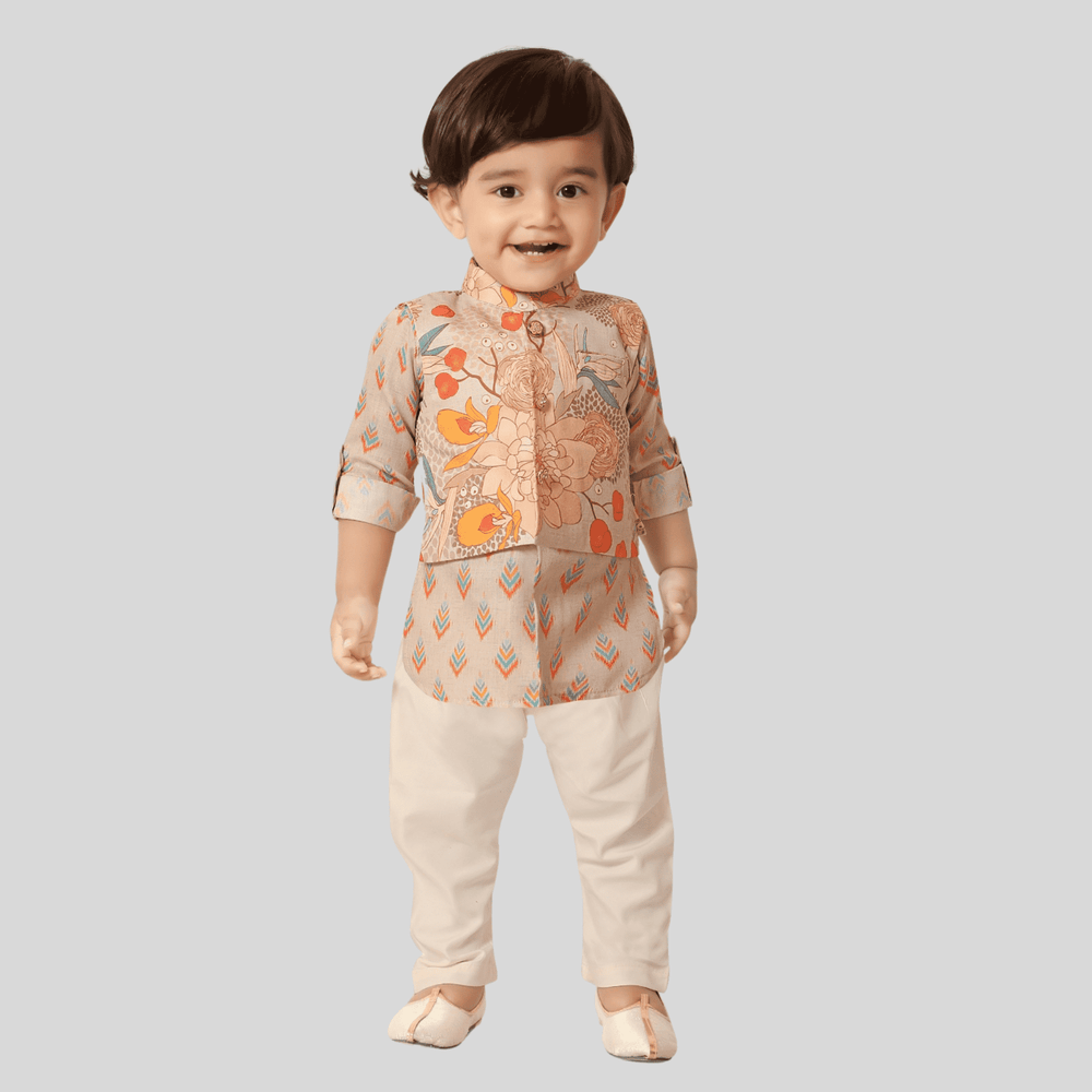 Boys Traditional Printed Chudidar Kurta with Koti - Fawn