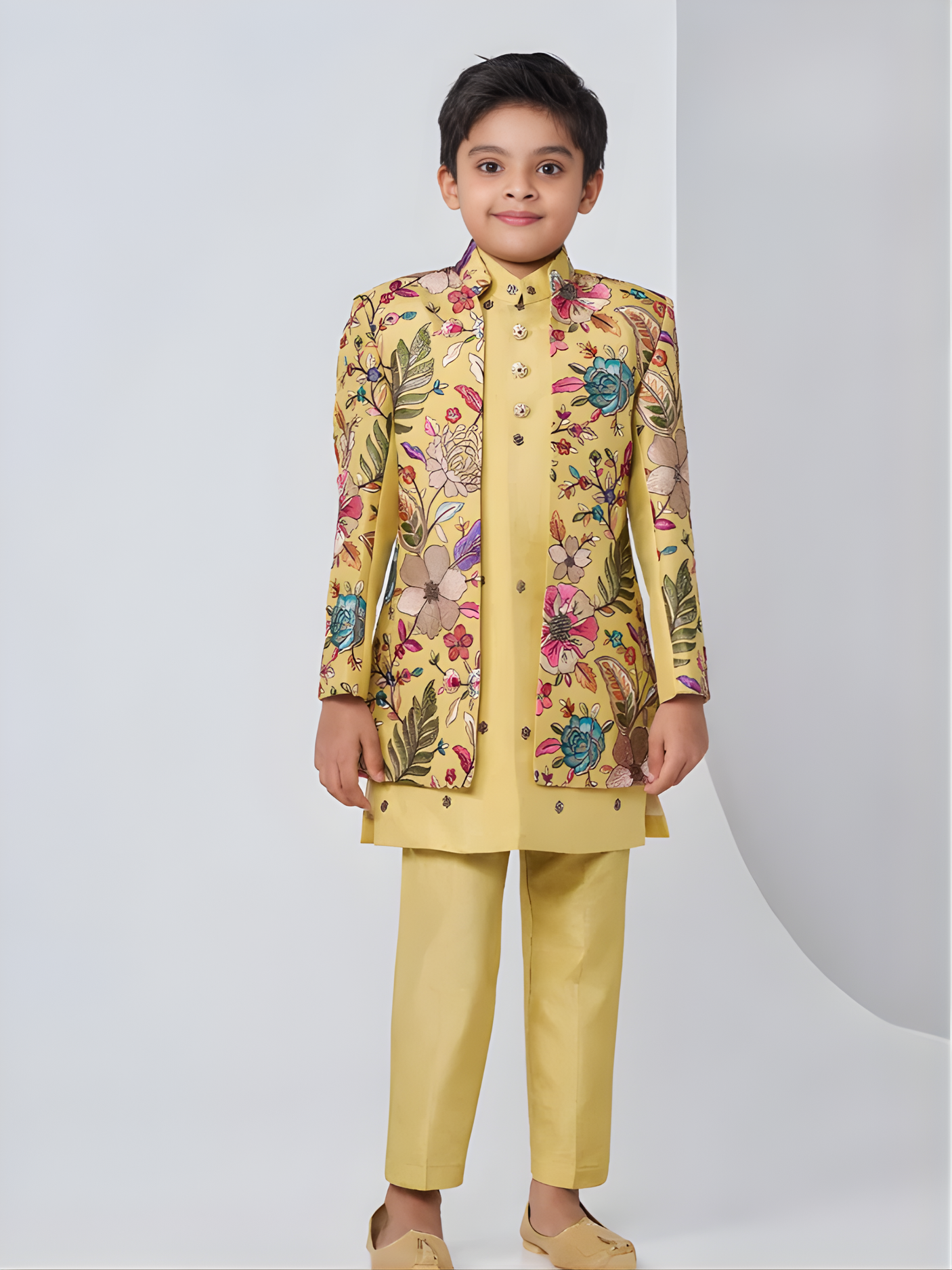 Boys' Yellow Kurta Set with Floral Embroidered Open Jacket