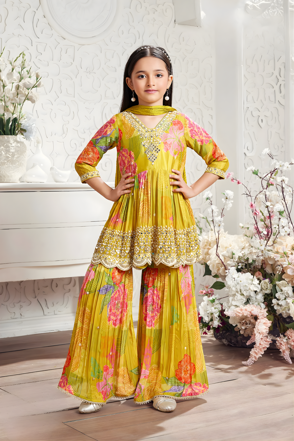 Girls' Yellow Floral Printed & Sequin Embroidered Sharara Set
