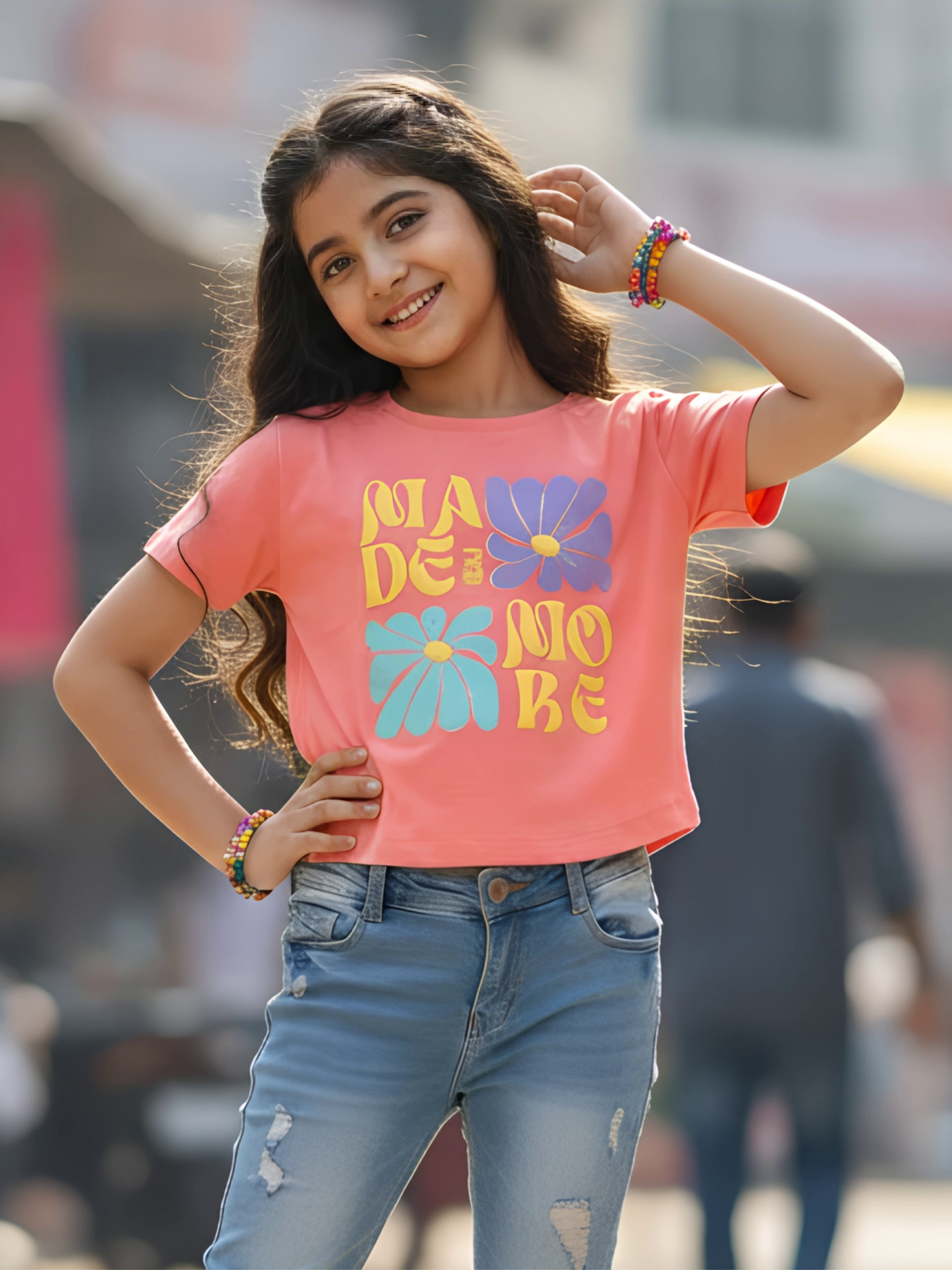 Girls Peach Graphic Print Cotton Top