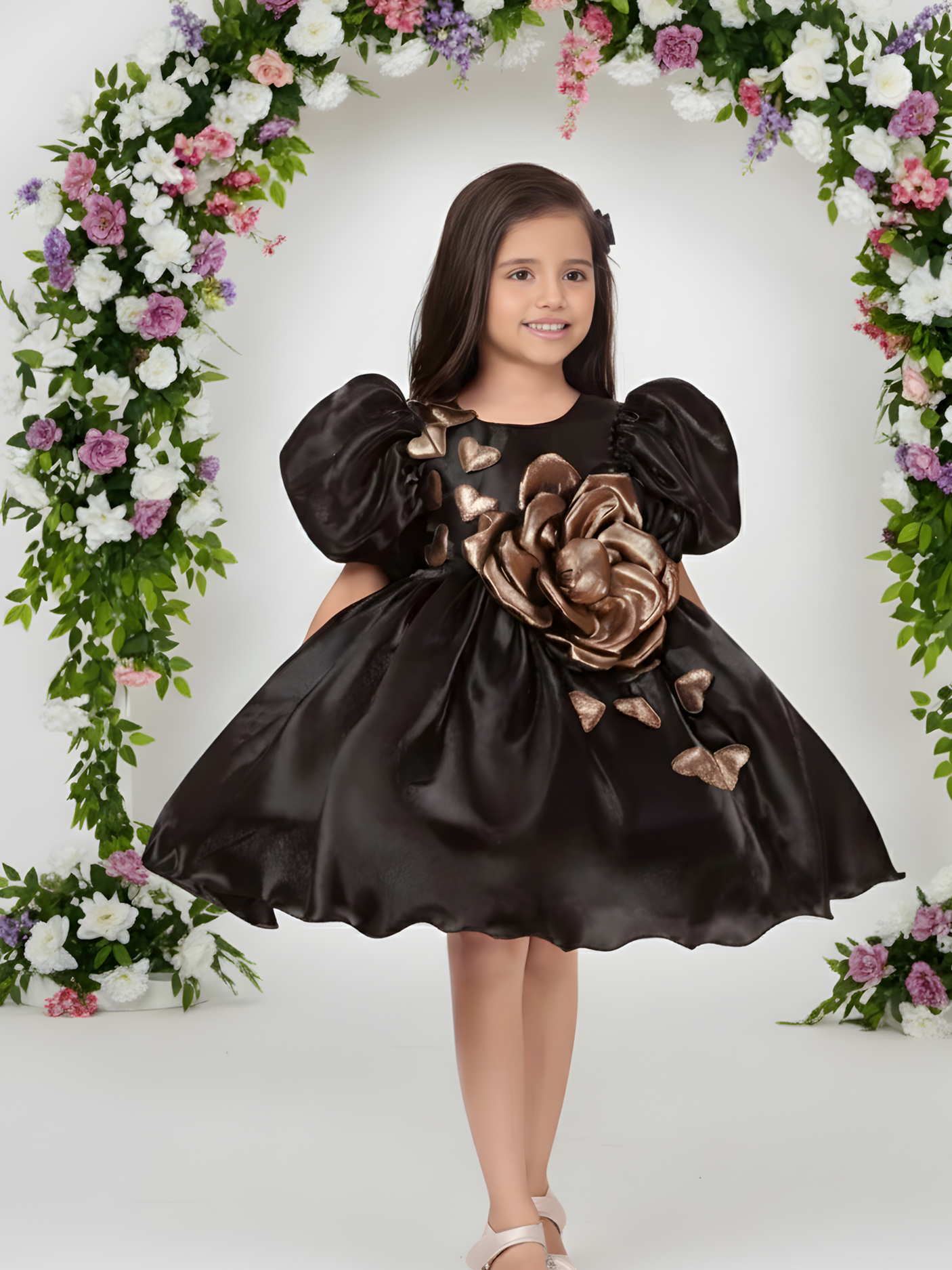 Girls' Black Satin Party Frock with Metallic Gold 3D Rose and Puffy Sleeves