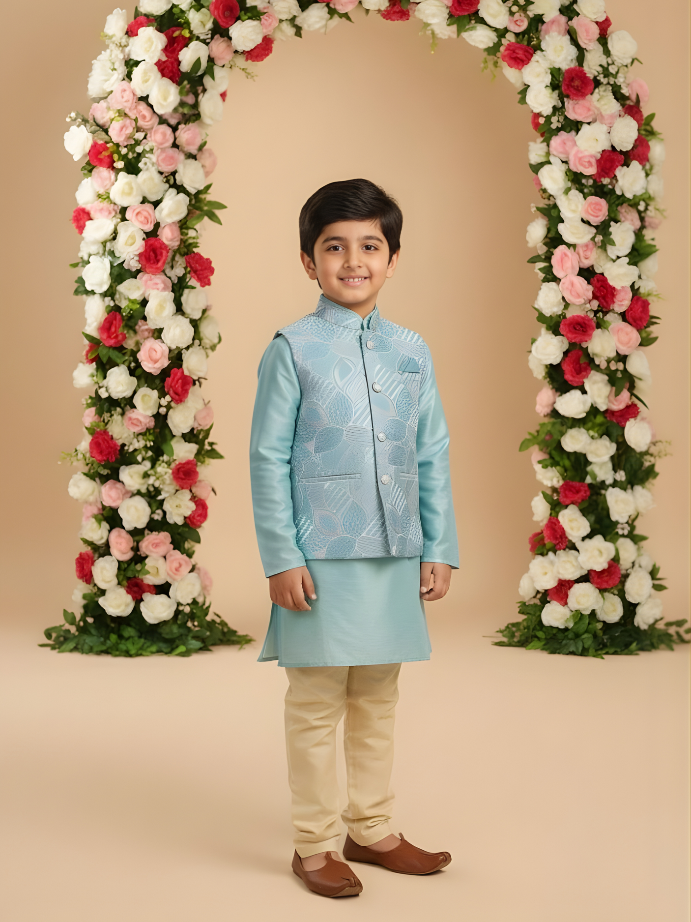 Boys Traditional With Work Chuddidar Kurta with Koti - Sky Blue