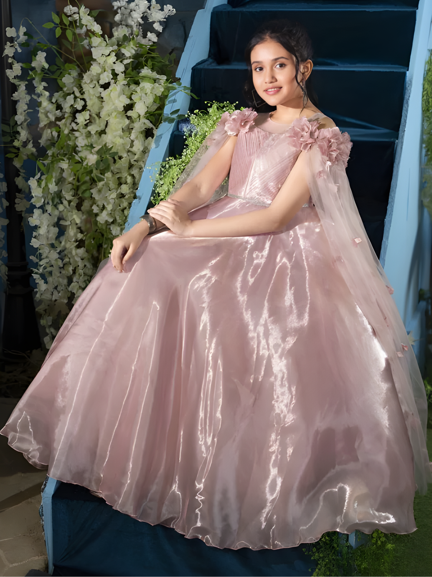 Girls Party Heavy Western Gown With Work - Peach