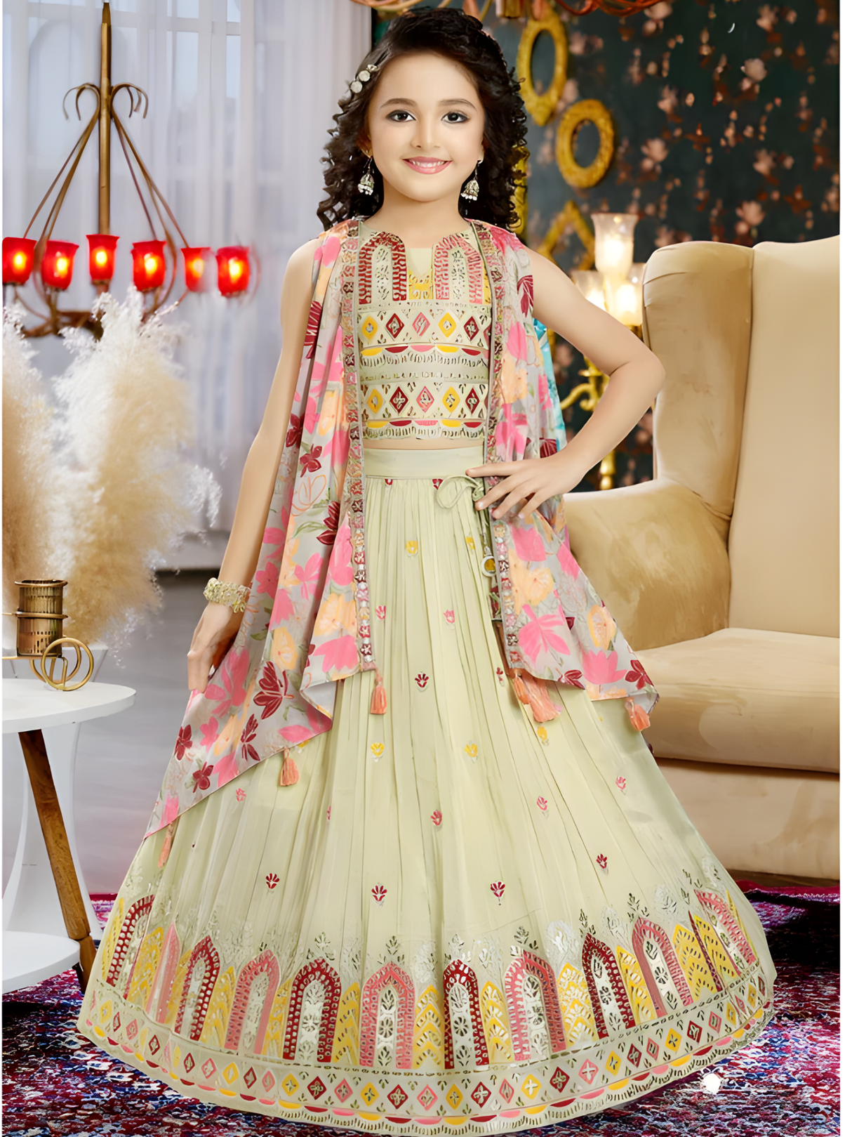 Girls' Vibrant Orange Patchwork Print Lehenga Choli