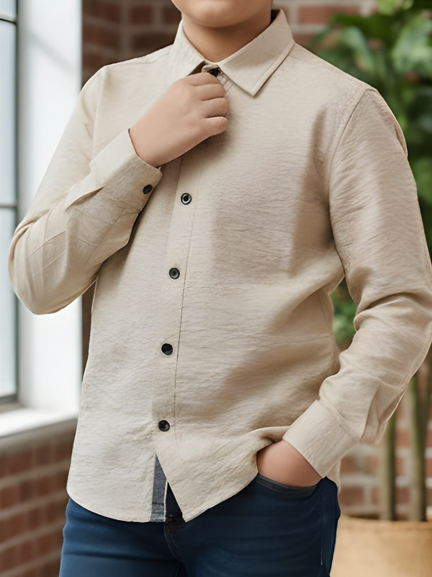 Boys Classic Cream Textured Cotton Casual Shirt