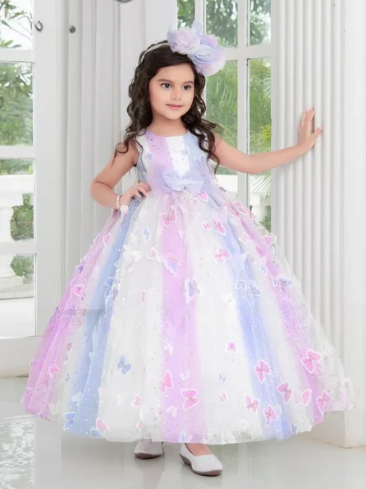 Girls Party Printed Heavy Western Gown - White