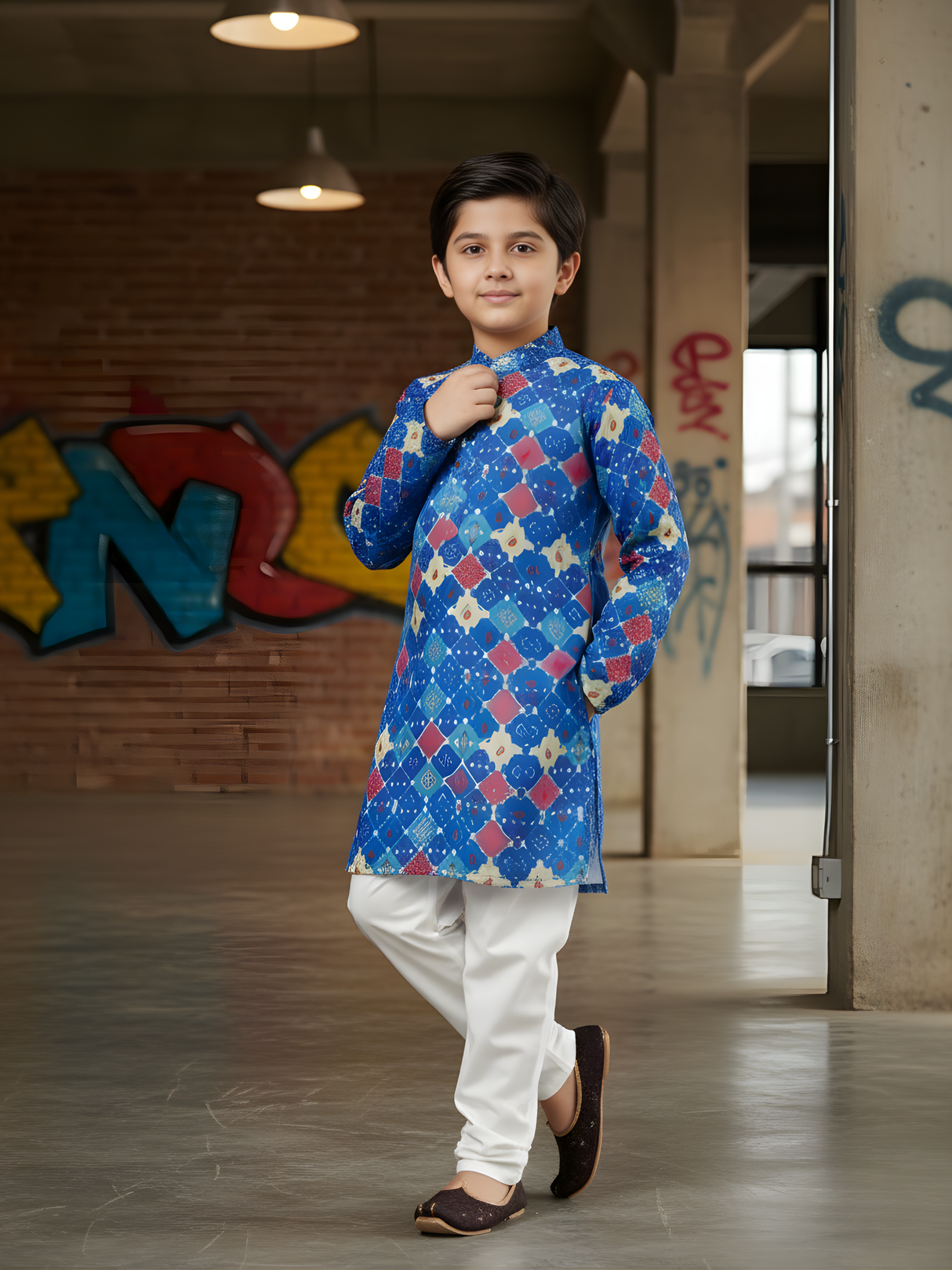 Boys' Bright Blue Festive Geometric Print Kurta with White Pyjama Set.
