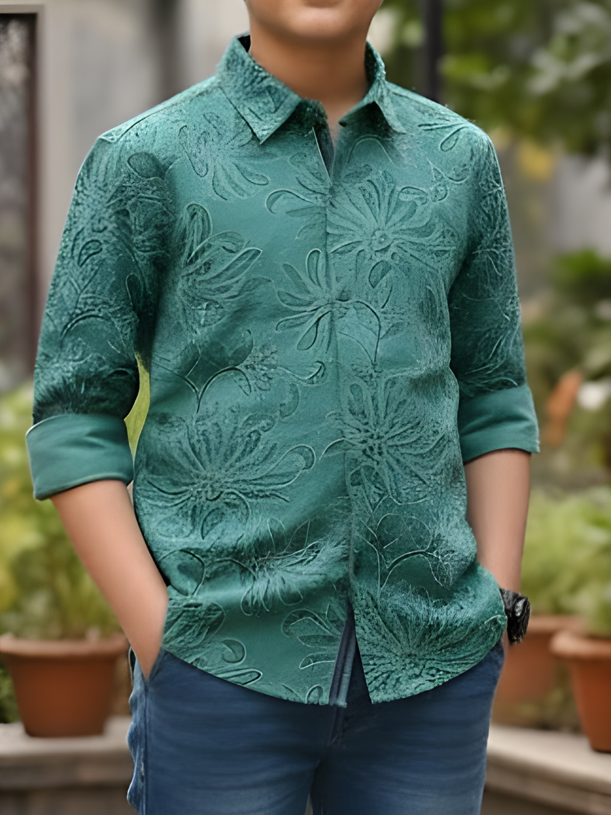 Boys Sea Green Floral Embroidered Party Wear Shirt