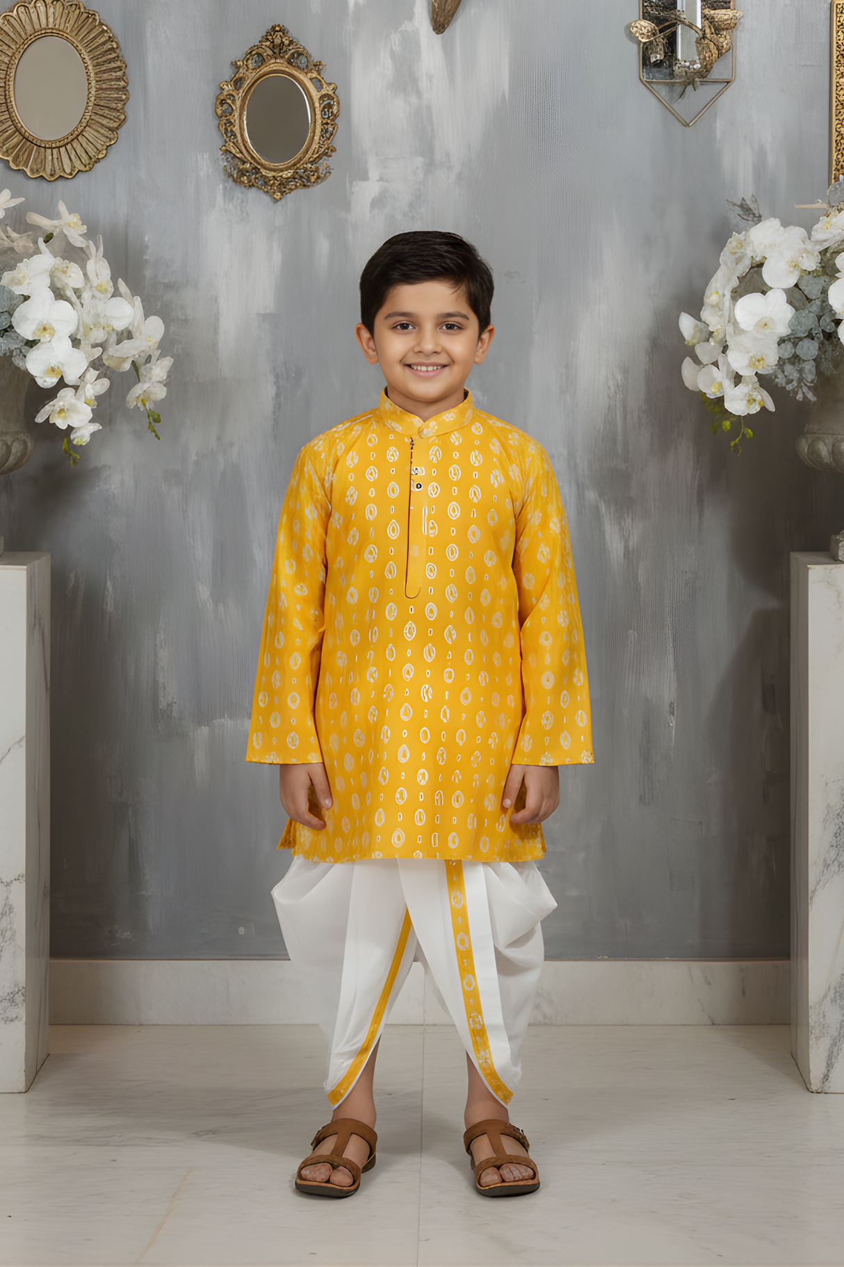 Boys' Yellow Printed Kurta with White Dhoti Set