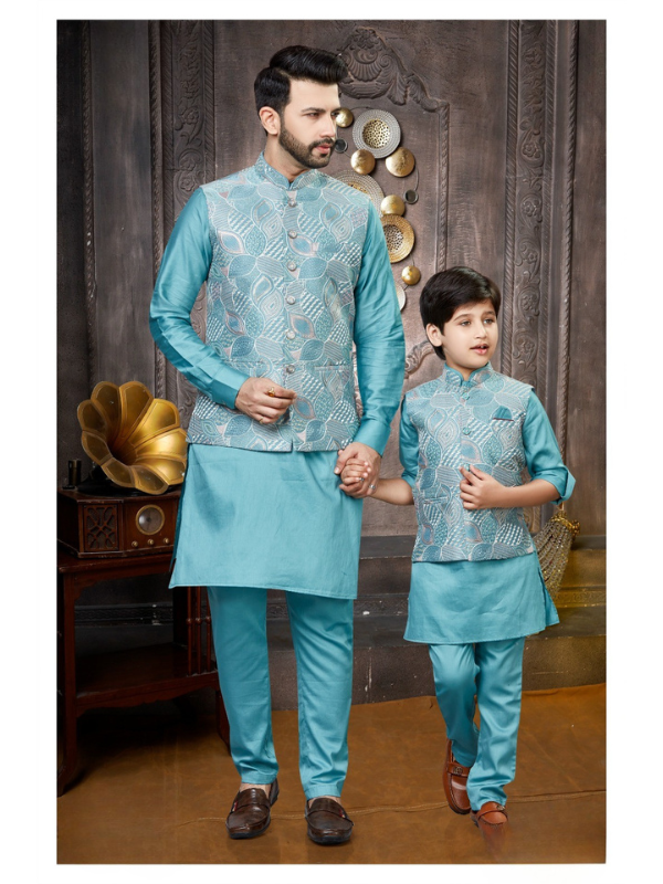 Boys Traditional With Work Chuddidar Kurta with Koti - Sky Blue
