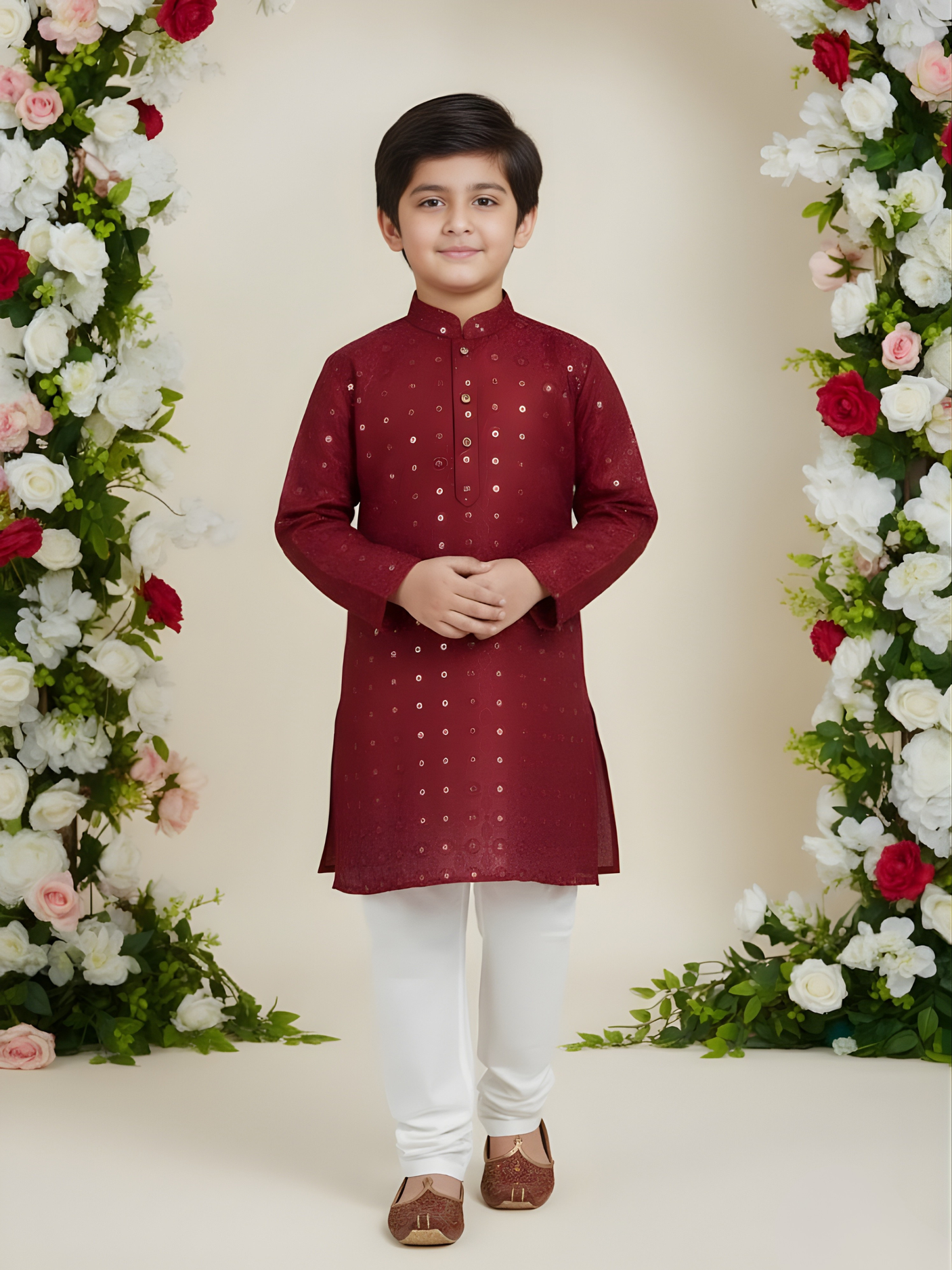 Boys' Maroon Sequin Embroidered Kurta with White Pyjama Set.