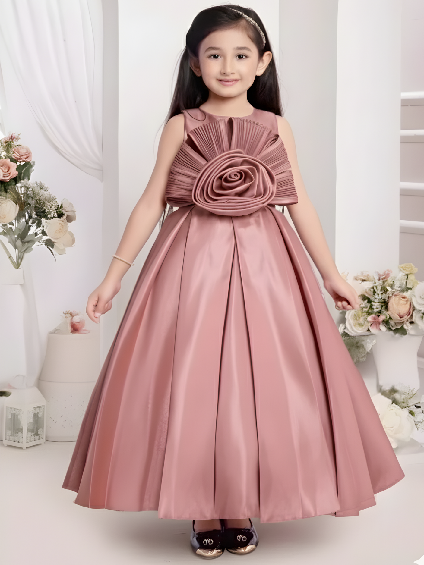 Girls Party Satin Western Gown With Work - Peach
