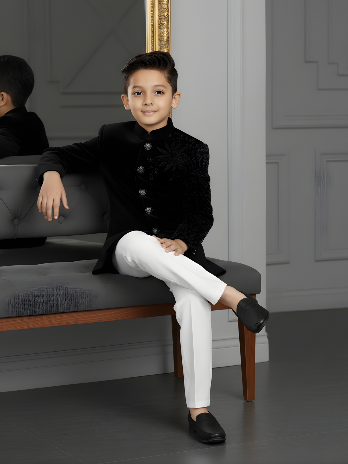 Boys' Black Velvet Achkan Suit with Heavy Thread and Zari Embroidery