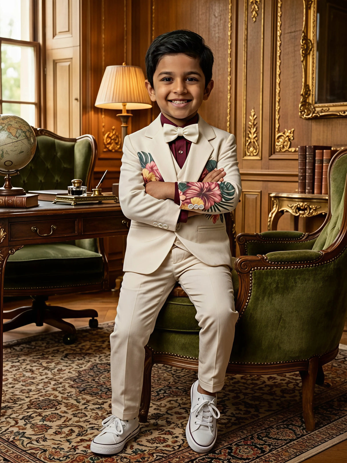 Boys Cream Floral Embroidered 3-Piece Coat Suit Set